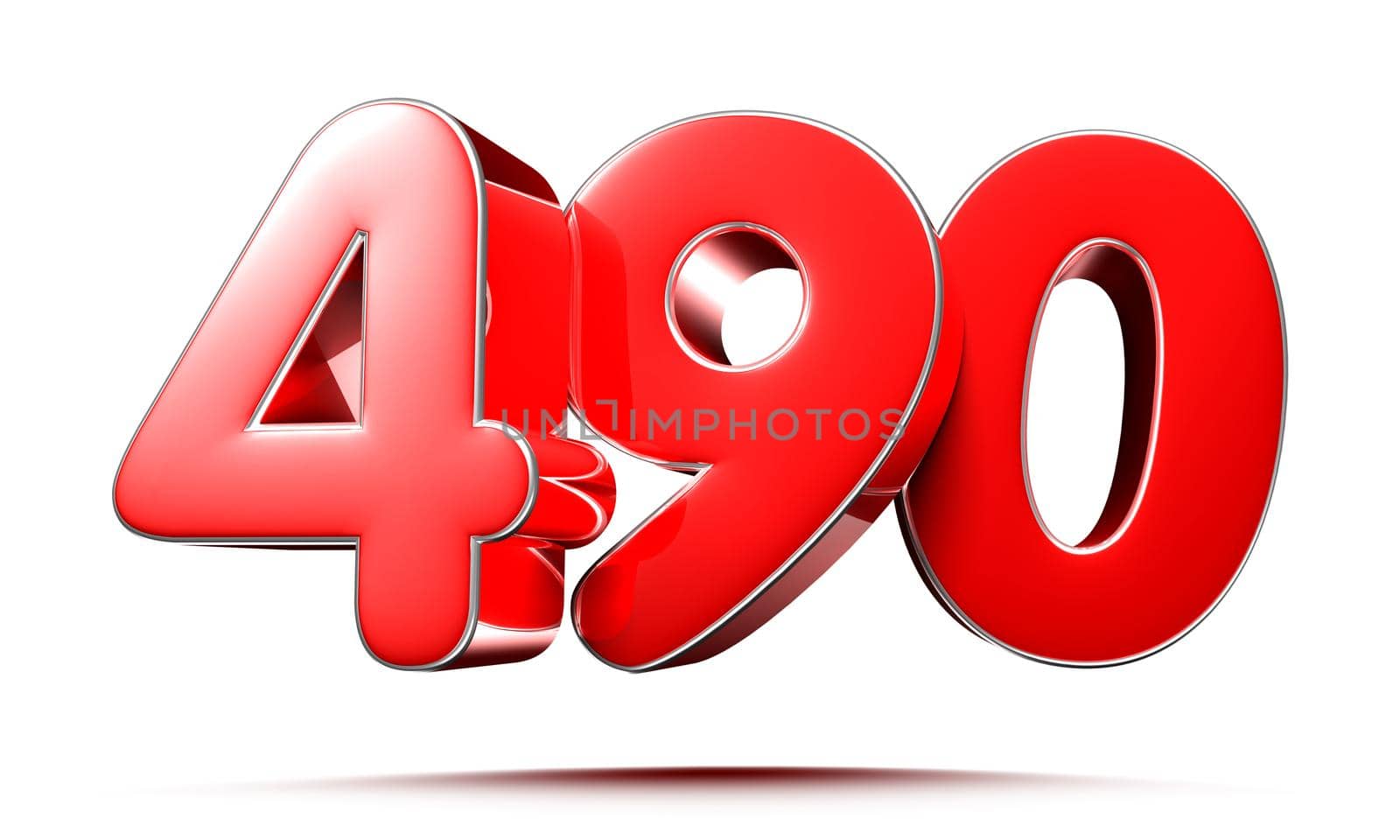 Rounded red numbers 490 on white background 3D illustration with clipping path
