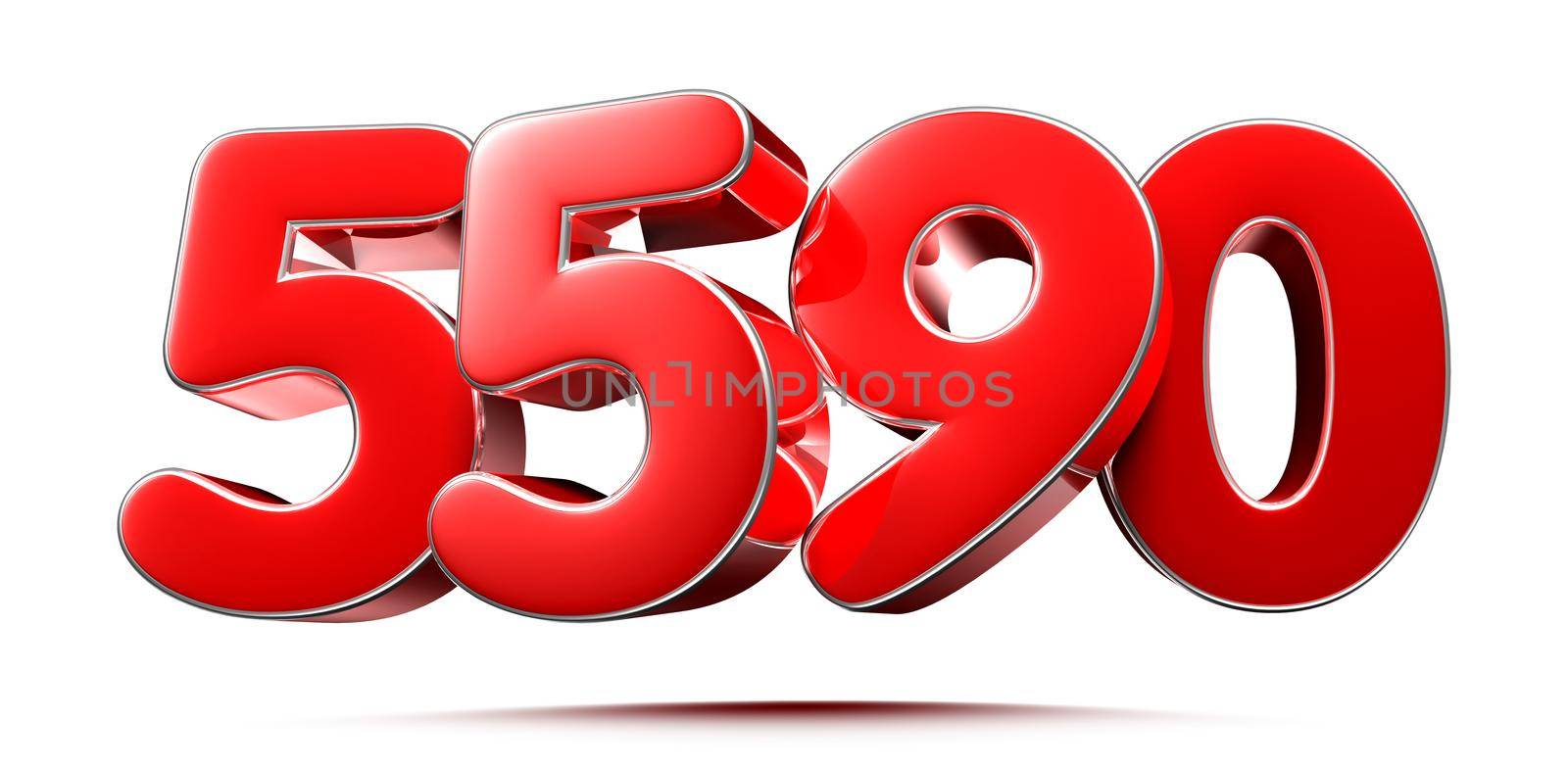 Rounded red numbers 5590 on white background 3D illustration with clipping path