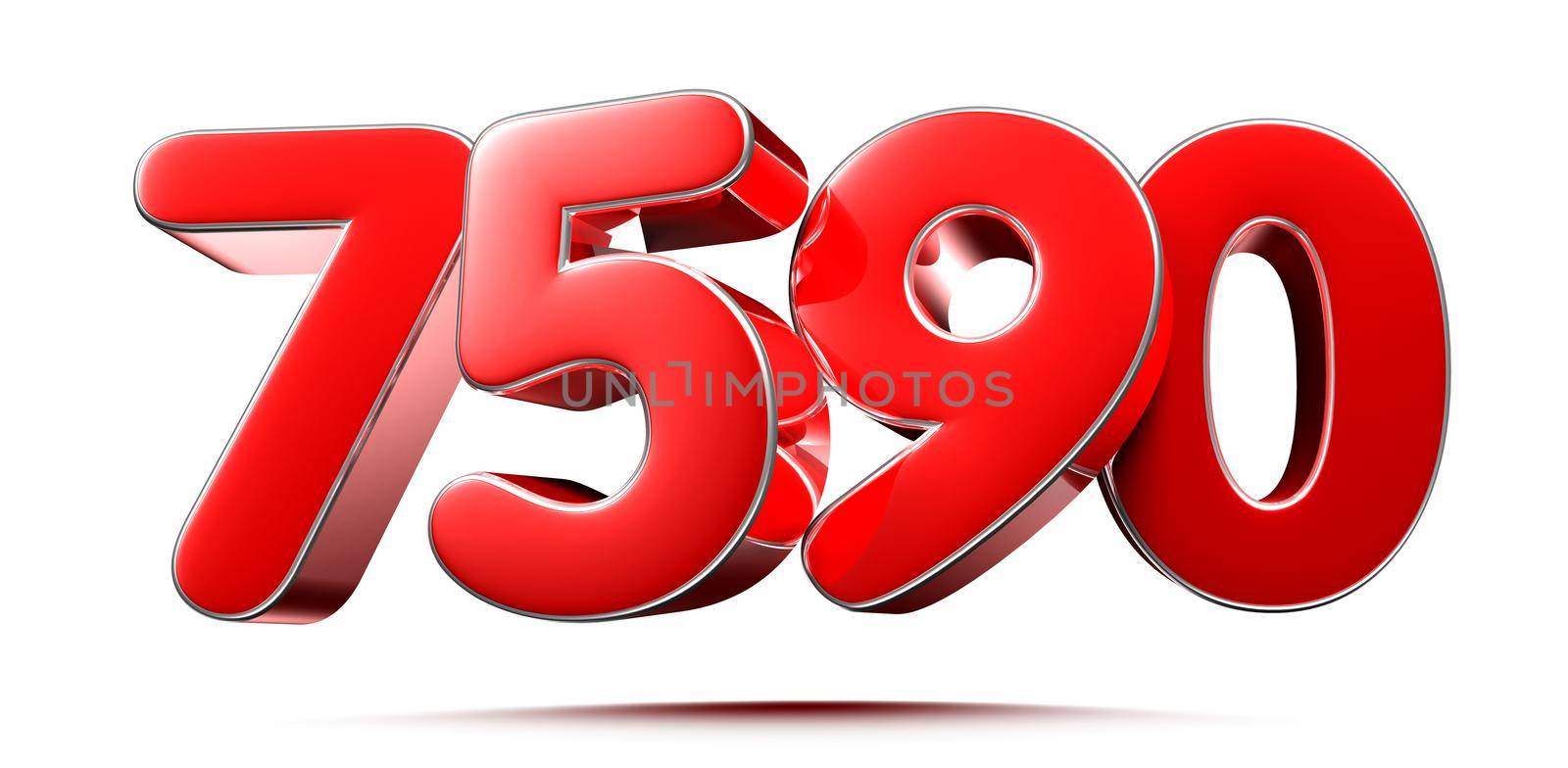 Rounded red numbers 7590 on white background 3D illustration with clipping path