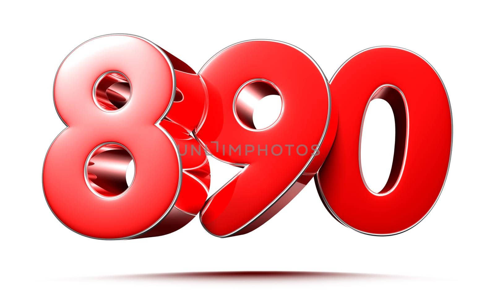 Rounded red numbers 890 on white background 3D illustration with clipping path