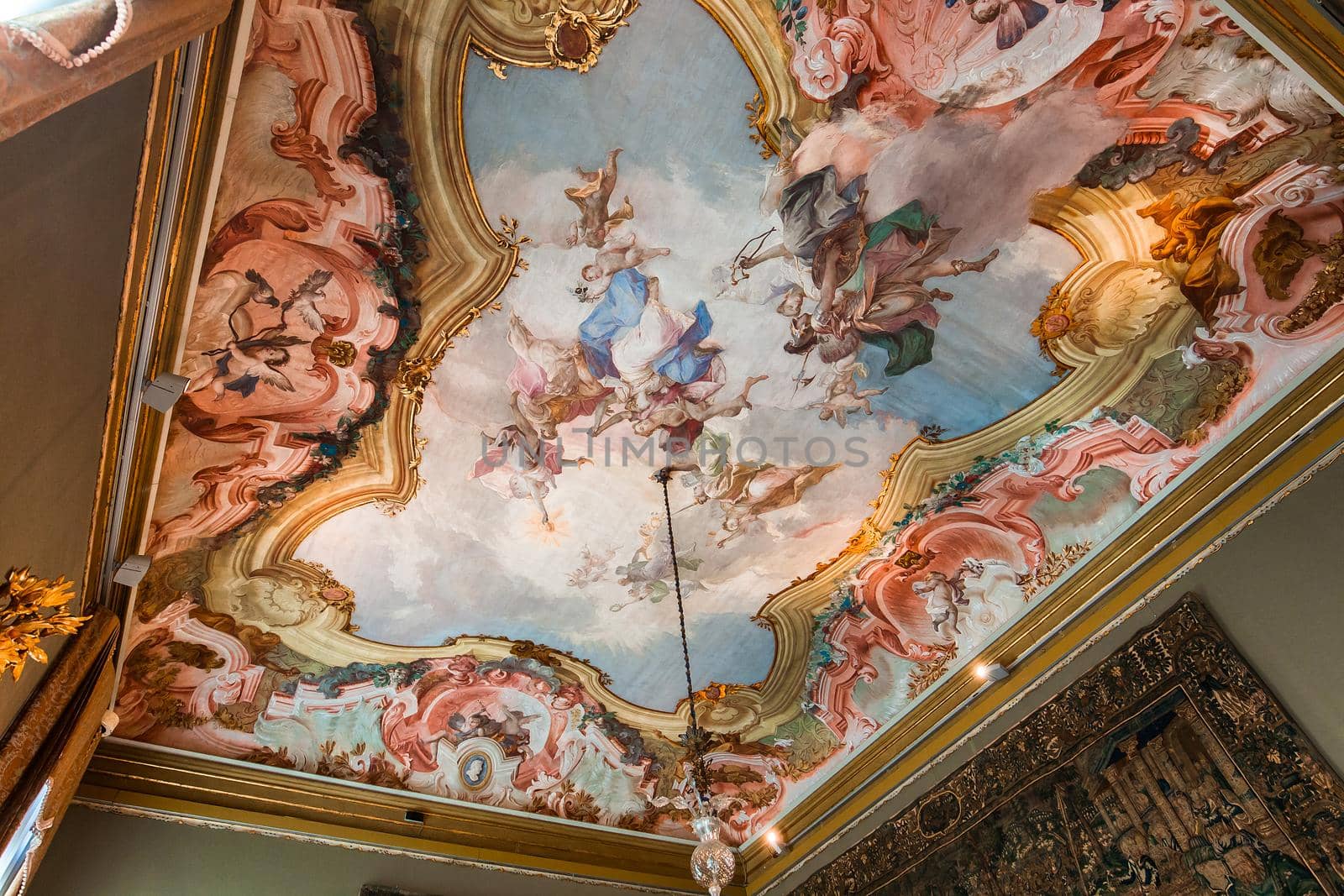 VENICE, ITALY, APRIL 22, 2018 : interiors decor, ceilings and frescoes of Ca'Rezzonico palace, april 22, 2018,  in Venice, italy