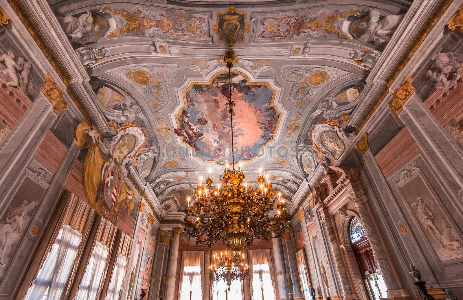 VENICE, ITALY, APRIL 22, 2018 : interiors decor, ceilings and frescoes of Ca'Rezzonico palace, april 22, 2018,  in Venice, italy