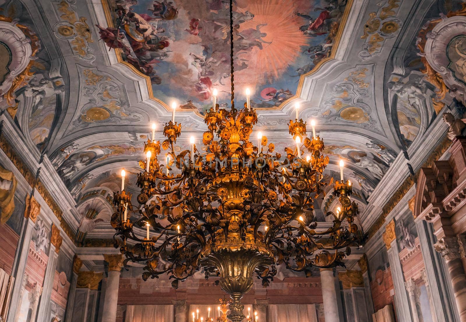 VENICE, ITALY, APRIL 22, 2018 : interiors decor, ceilings and frescoes of Ca'Rezzonico palace, april 22, 2018,  in Venice, italy