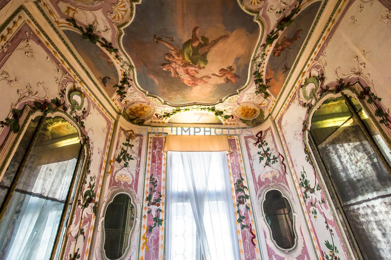 VENICE, ITALY, APRIL 22, 2018 : interiors decor, ceilings and frescoes of Ca'Rezzonico palace, april 22, 2018,  in Venice, italy