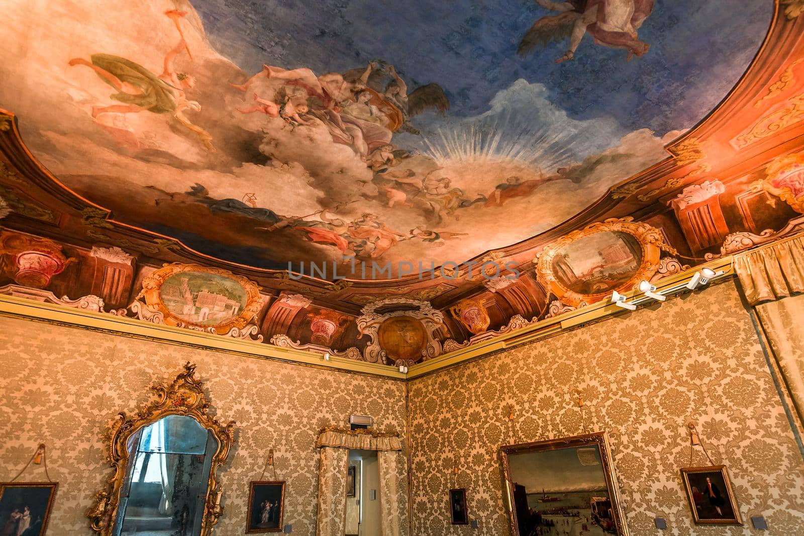 VENICE, ITALY, APRIL 22, 2018 : interiors decor, ceilings and frescoes of Ca'Rezzonico palace, april 22, 2018,  in Venice, italy