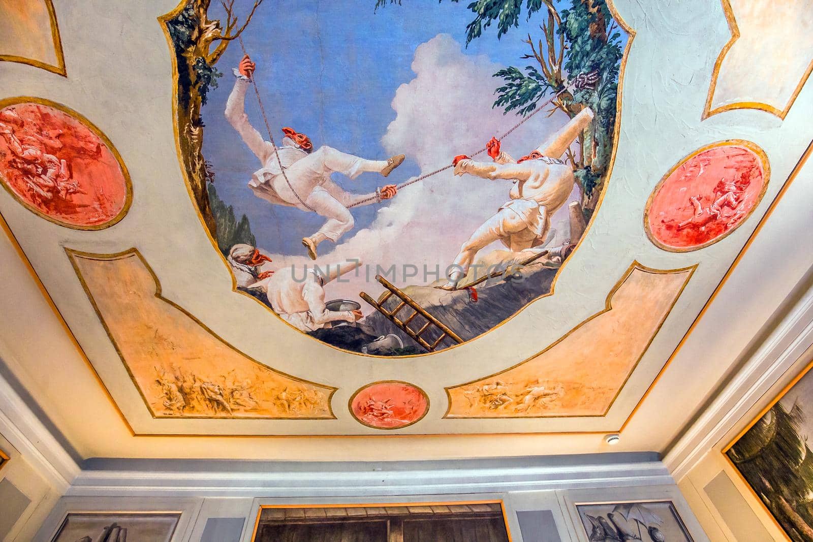 VENICE, ITALY, APRIL 22, 2018 : interiors decor, ceilings and frescoes of Ca'Rezzonico palace, april 22, 2018,  in Venice, italy