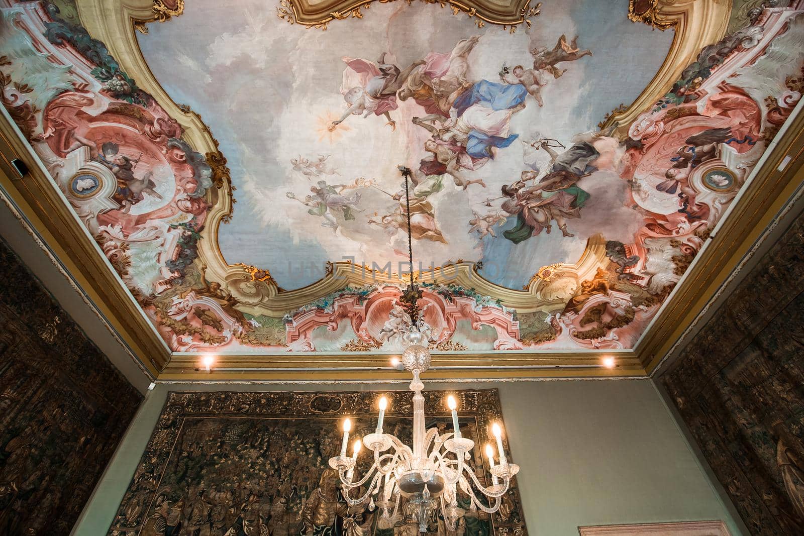 VENICE, ITALY, APRIL 22, 2018 : interiors decor, ceilings and frescoes of Ca'Rezzonico palace, april 22, 2018,  in Venice, italy