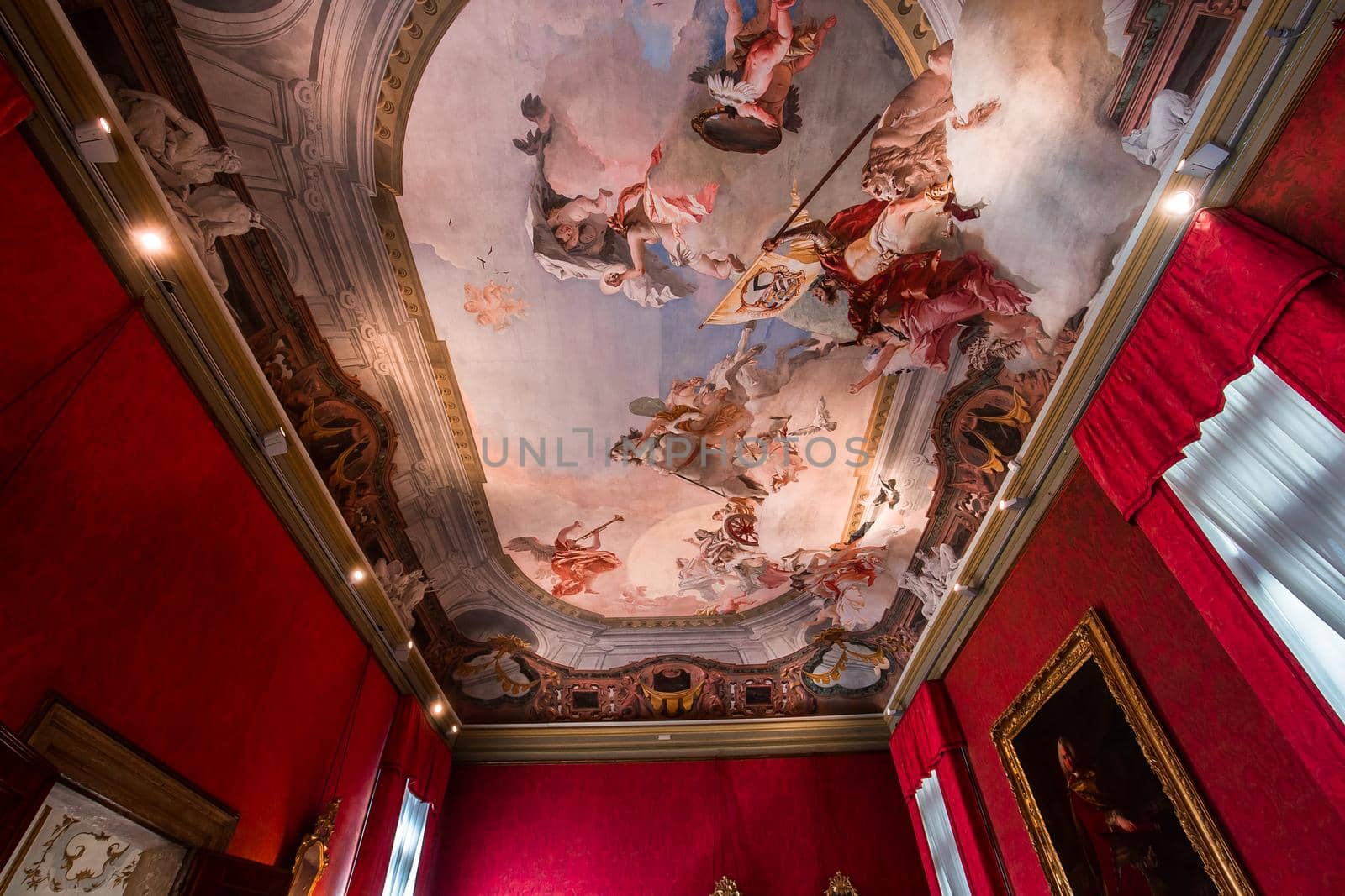 VENICE, ITALY, APRIL 22, 2018 : interiors decor, ceilings and frescoes of Ca'Rezzonico palace, april 22, 2018,  in Venice, italy