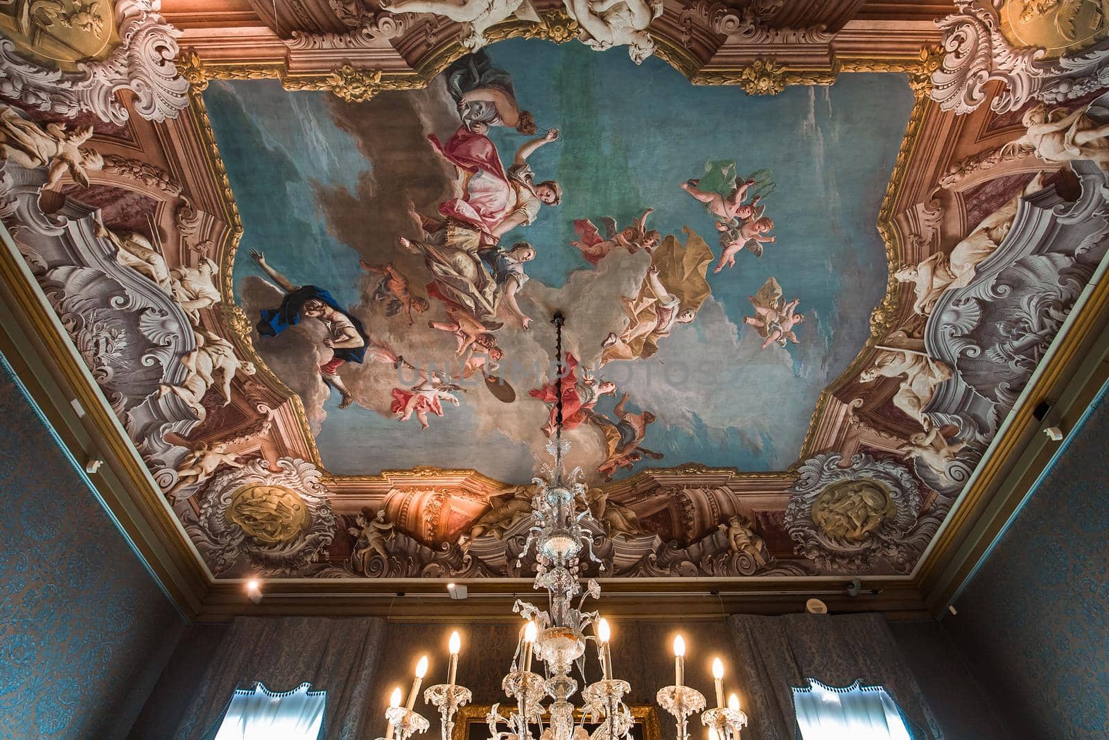 VENICE, ITALY, APRIL 22, 2018 : interiors decor, ceilings and frescoes of Ca'Rezzonico palace, april 22, 2018,  in Venice, italy