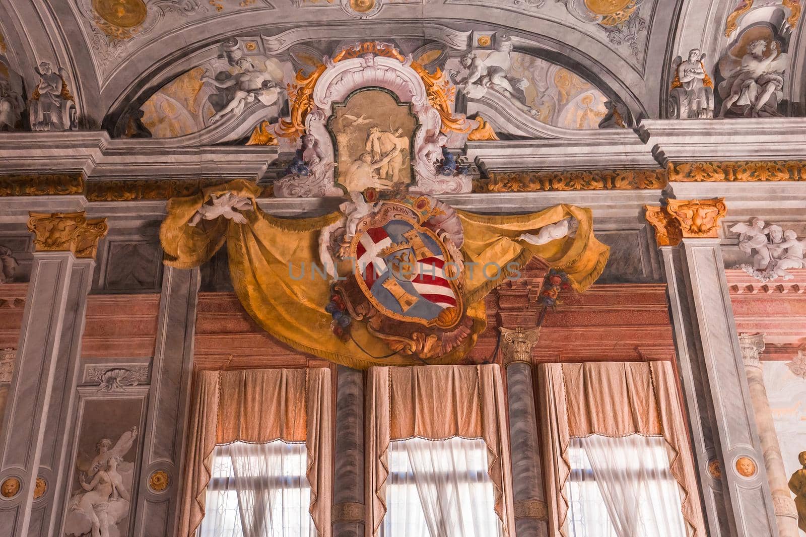 VENICE, ITALY, APRIL 22, 2018 : interiors decor, ceilings and frescoes of Ca'Rezzonico palace, april 22, 2018,  in Venice, italy