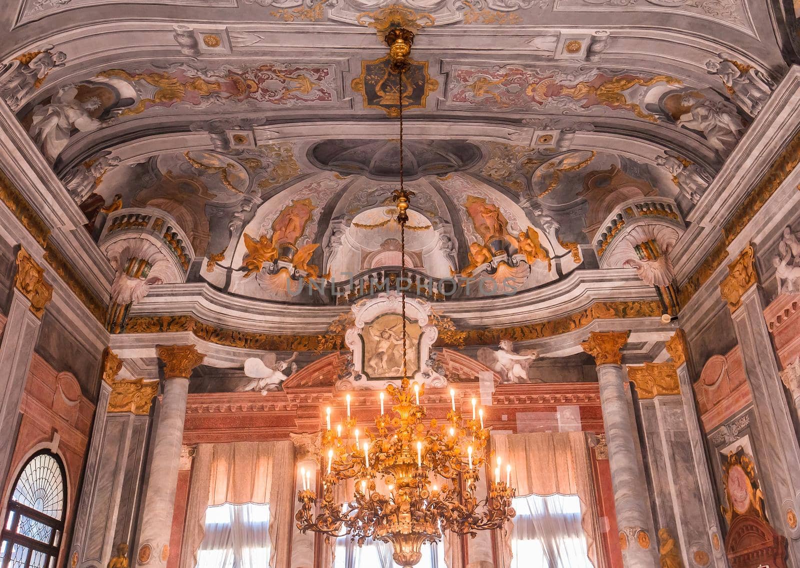 VENICE, ITALY, APRIL 22, 2018 : interiors decor, ceilings and frescoes of Ca'Rezzonico palace, april 22, 2018,  in Venice, italy