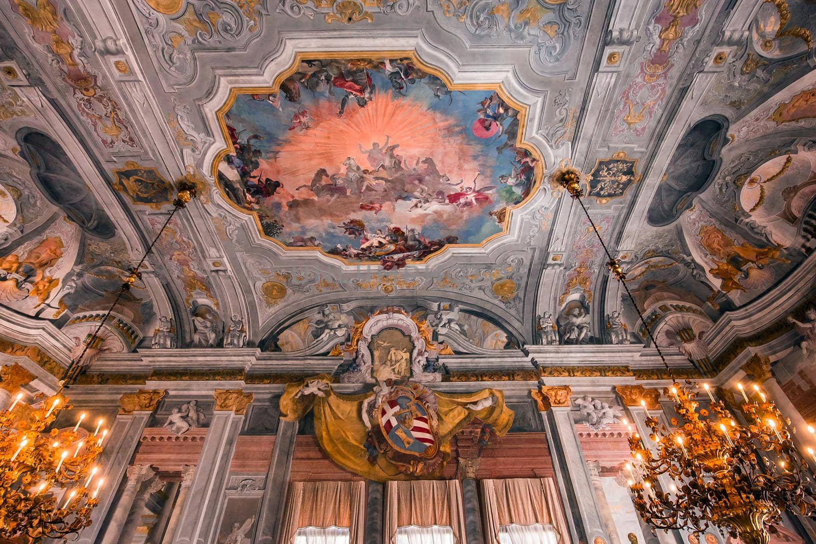 VENICE, ITALY, APRIL 22, 2018 : interiors decor, ceilings and frescoes of Ca'Rezzonico palace, april 22, 2018,  in Venice, italy