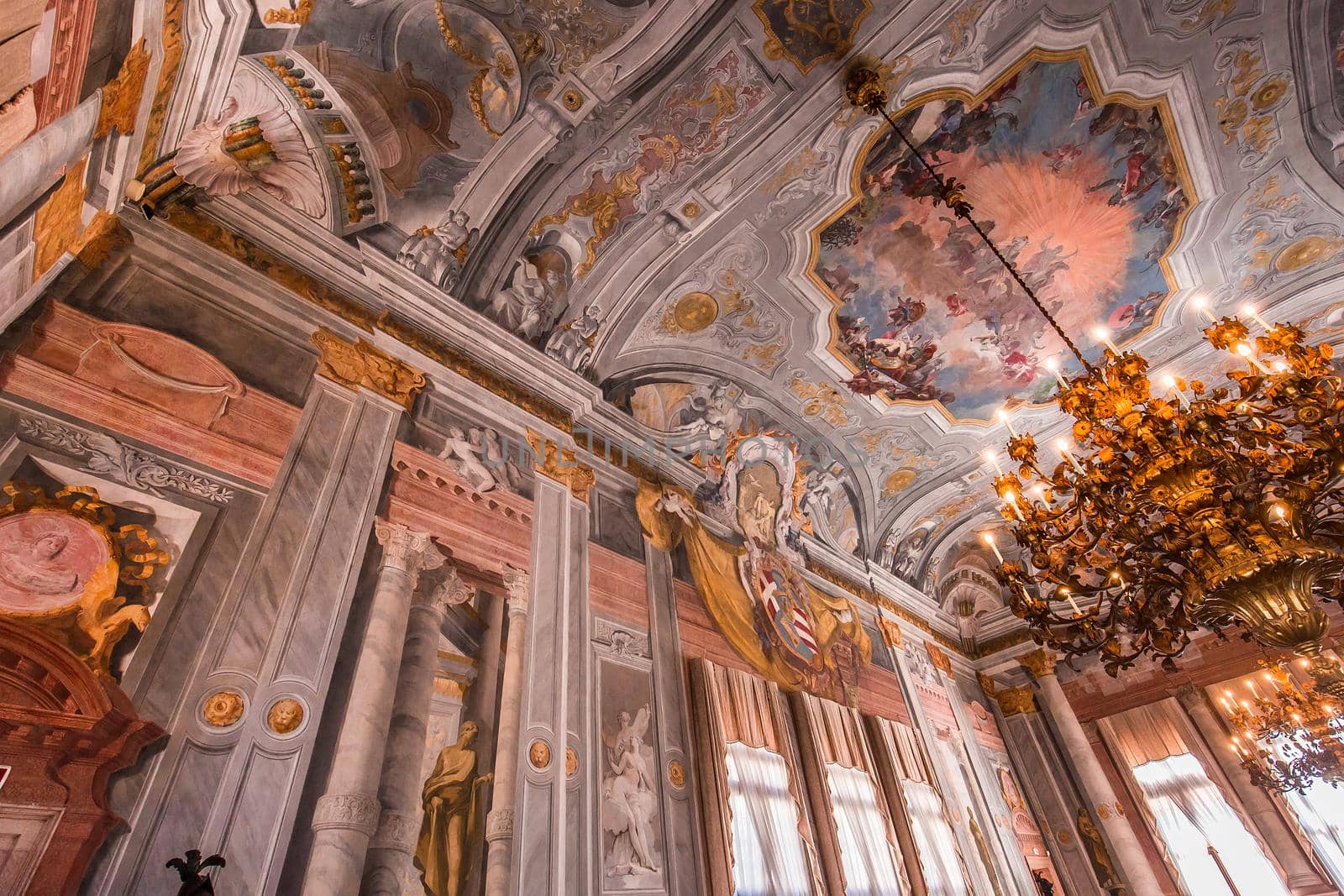 VENICE, ITALY, APRIL 22, 2018 : interiors decor, ceilings and frescoes of Ca'Rezzonico palace, april 22, 2018,  in Venice, italy