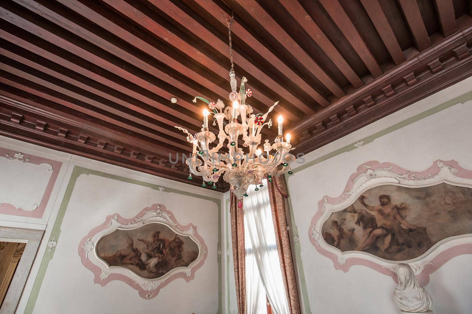 VENICE, ITALY, APRIL 22, 2018 : interiors decor, ceilings and frescoes of Ca'Rezzonico palace, april 22, 2018,  in Venice, italy