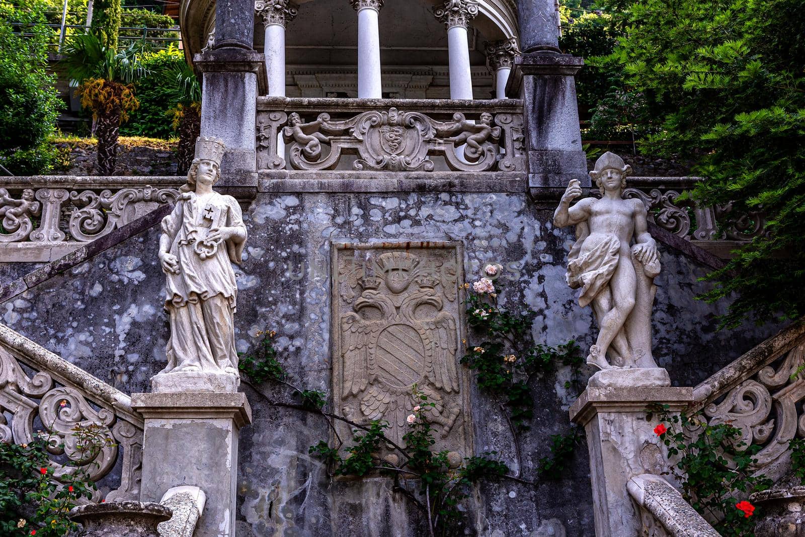 VARENNA, ITALY, JUNE 05, 2019 : exteriors and gardens of villa Monastero, on lake Como, june 05, 2019, in Varenna, italy