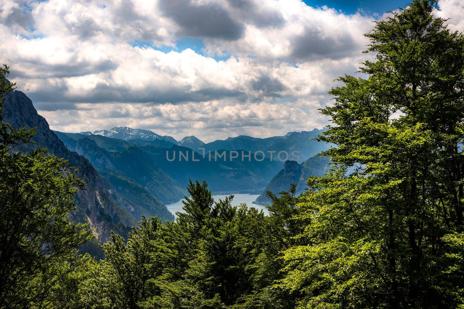 Beautiful view of Traunsee lake in Austria, landscape photo of lake, mountains and forest