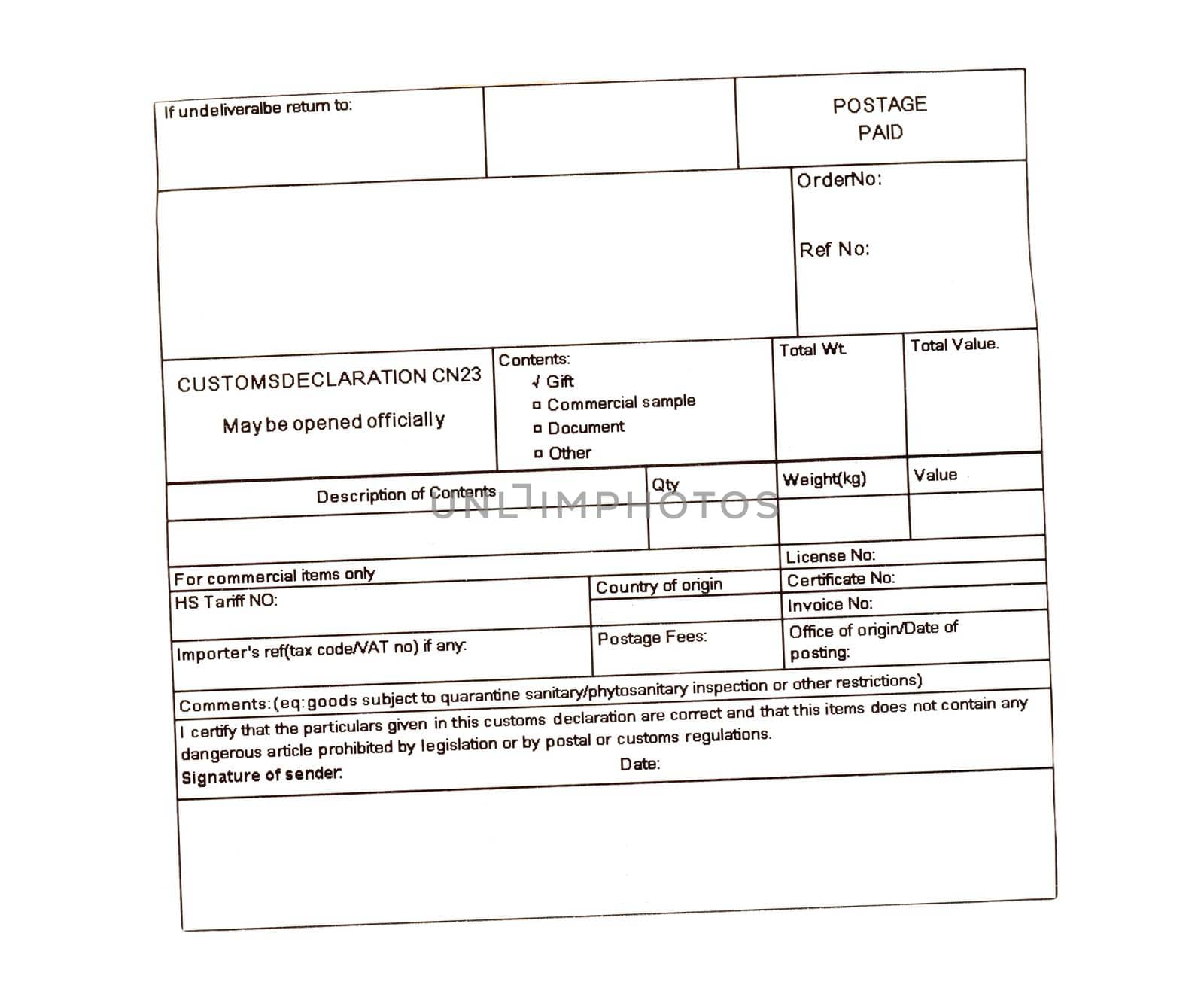 blank customs declaration label on a foreign packet parcel isolated over white background