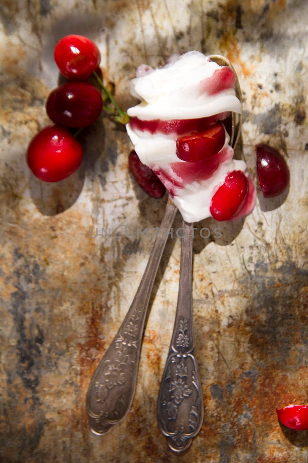 Artisan ice cream made with cream and cherries