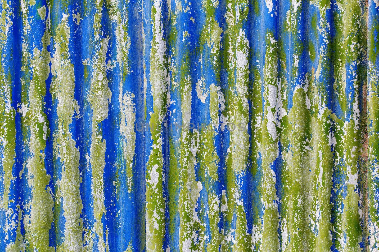 colorful motley peeled off paint layers on corrugated zinc coated steel sheet - full frame background and texture