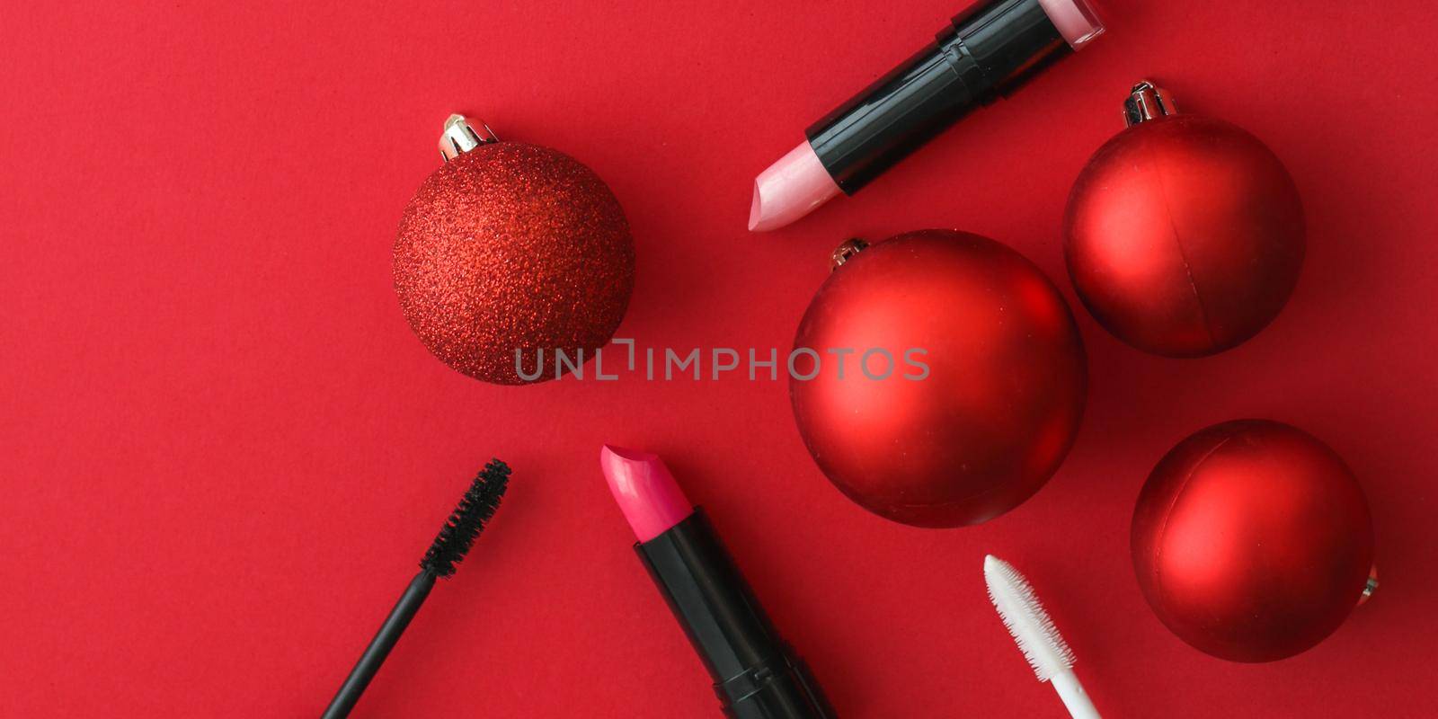 Make-up and cosmetics product set for beauty brand Christmas sale promotion, luxury red flatlay background as holiday design by Anneleven