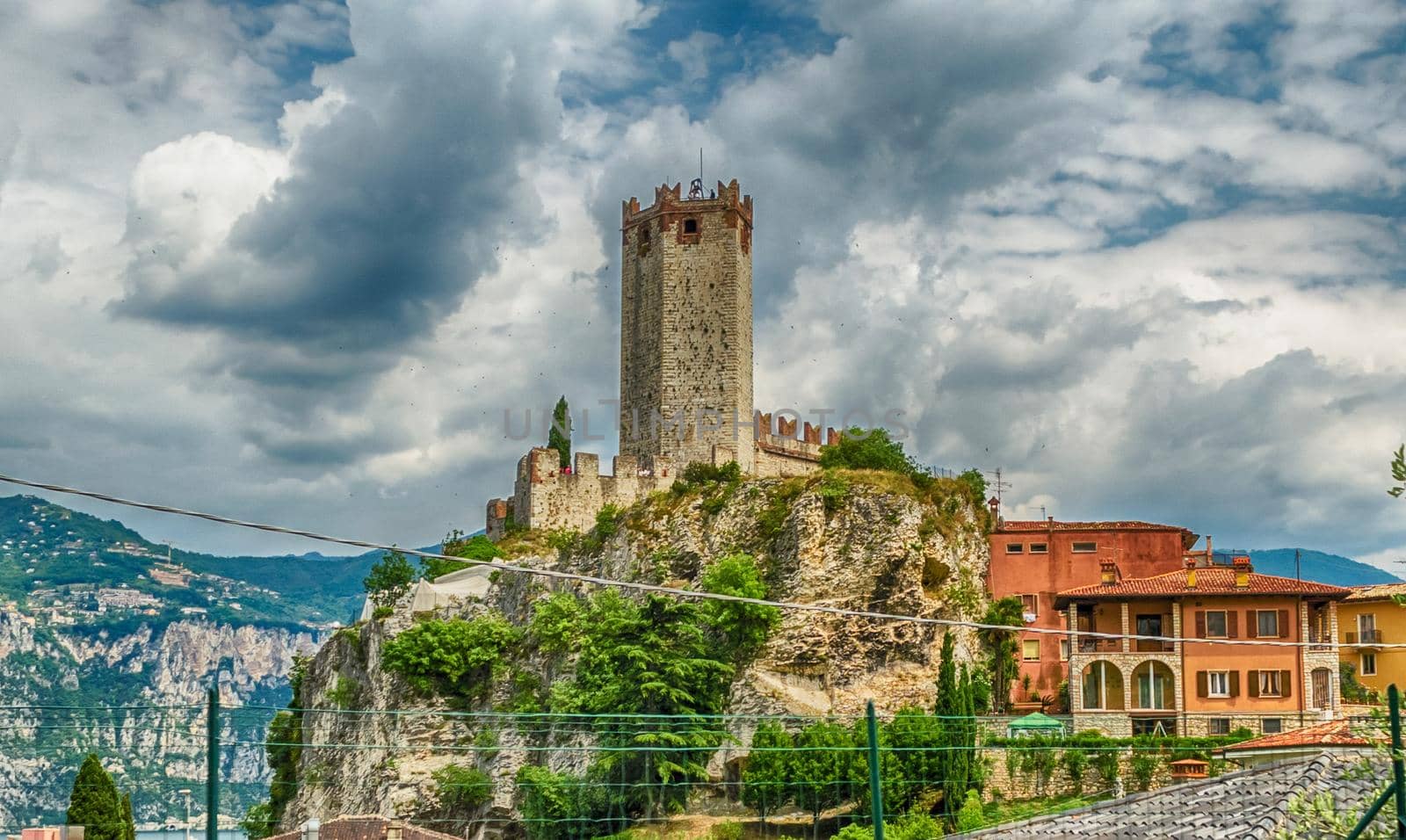 The medieval tower of Malcesine Castle, iconic landmark on the Lake Garda, Italy