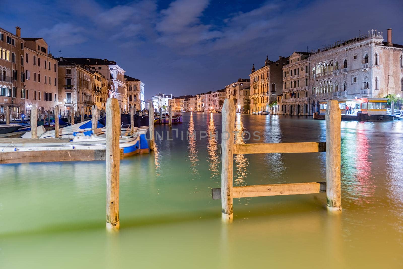 Scenic view at night over the Grand Canal between Cannaregio and San Polo districts of Venice, Italy