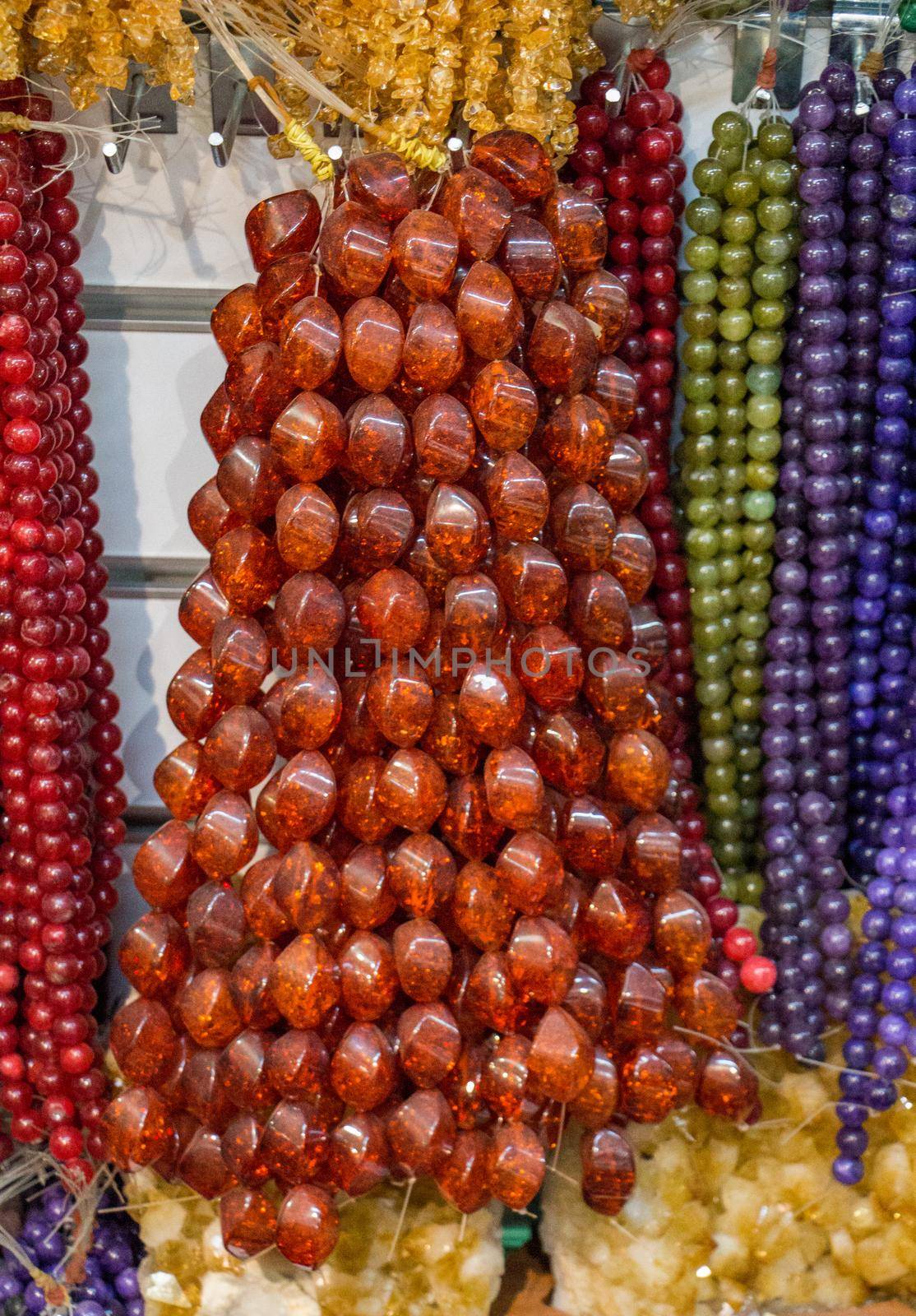 Colorful beads of various color at a market