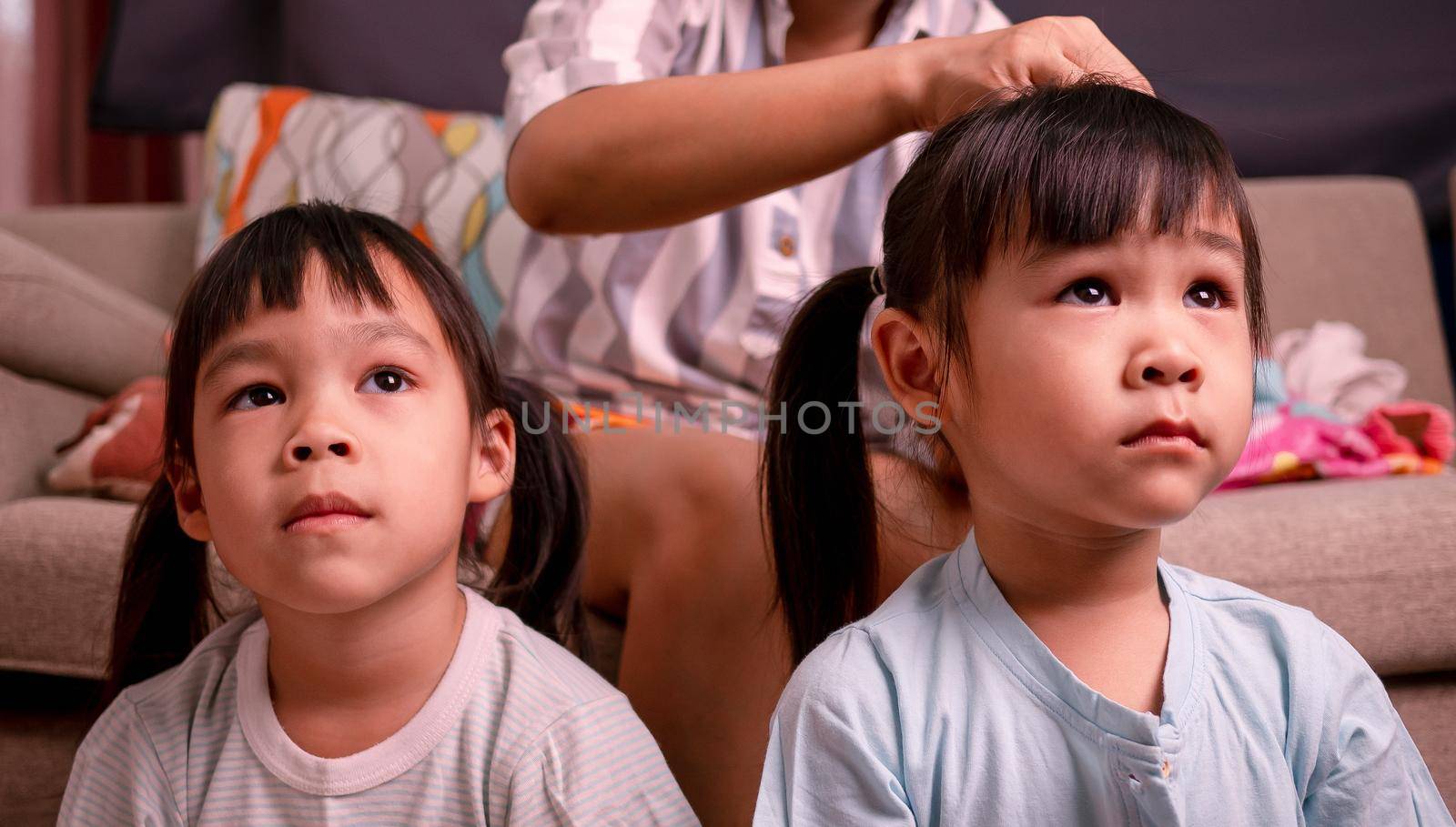 Close up of charming little girl is looking at TV while her mother is combing daughter's hair in living room. by TEERASAK
