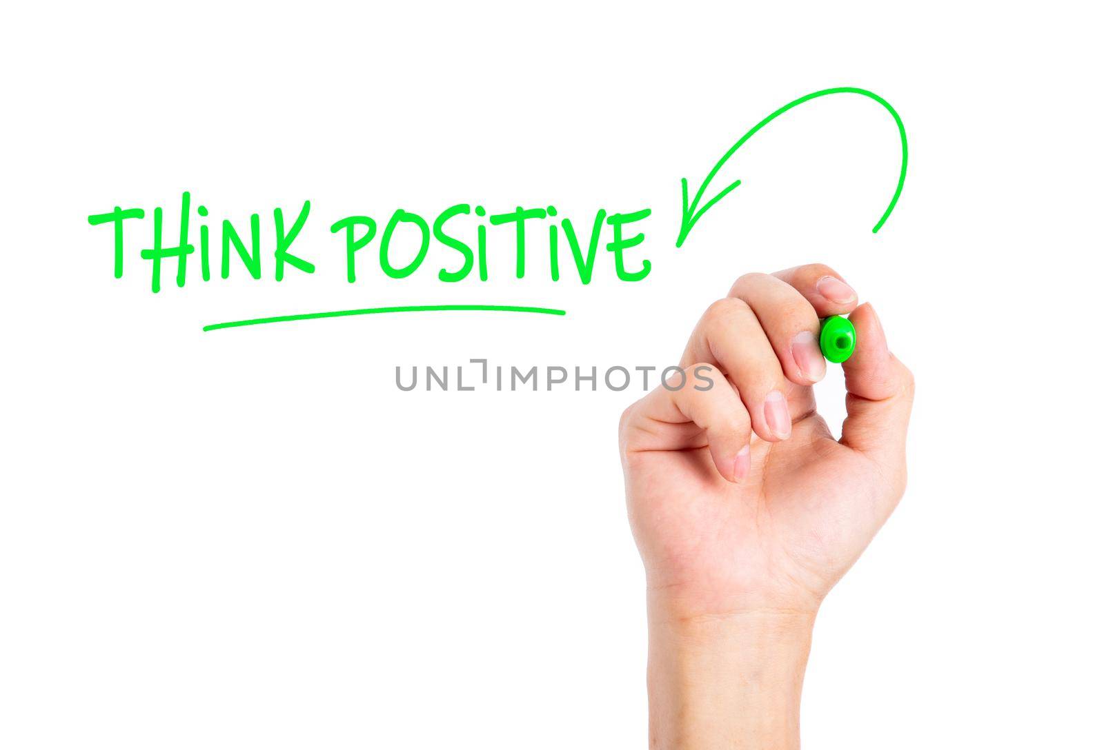 Hand writing Think Positive word on a transparent wipe board. by tehcheesiong