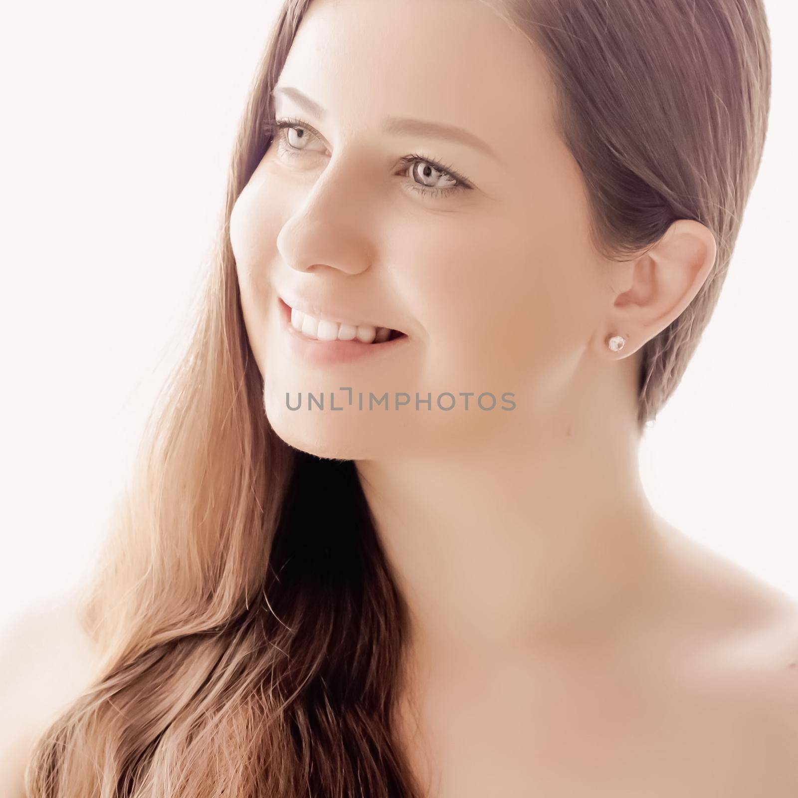 Beautiful woman with natural look, perfect skin and shiny hair as make-up, health and wellness concept. Face portrait of young female model for skincare cosmetics and luxury beauty ad design.