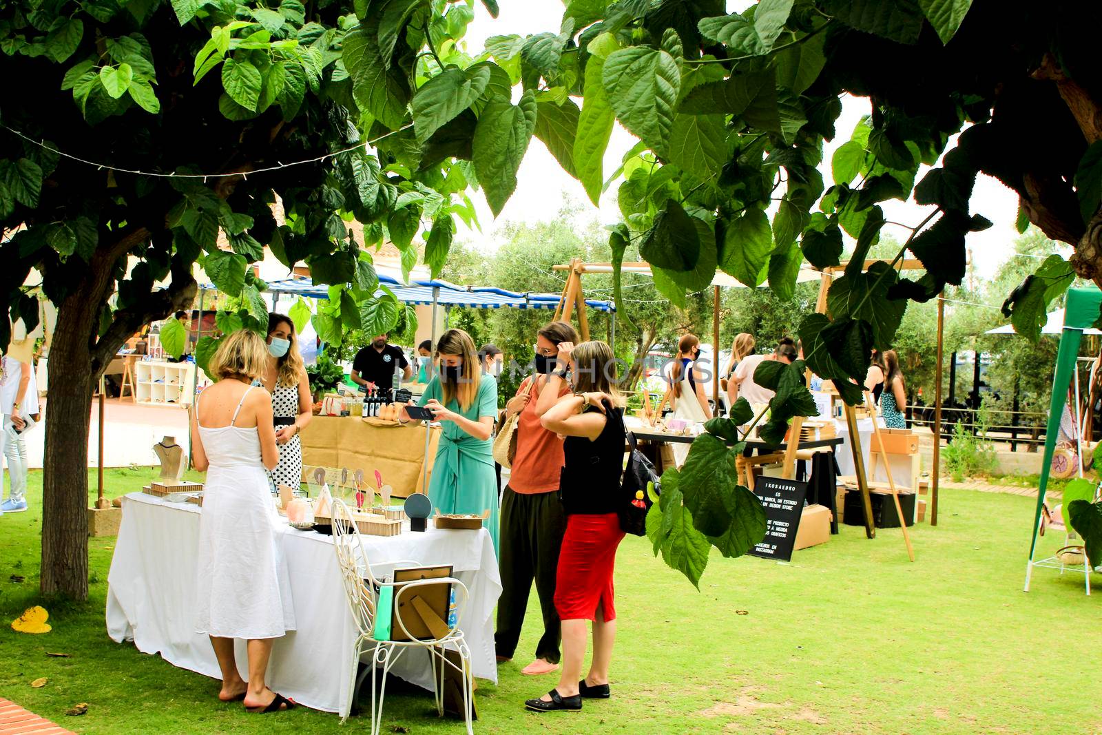 Elche, Alicante, Spain- June 20, 2021: Ecological, secondhand and sustainable market held in a rural setting in the countryside of Elche