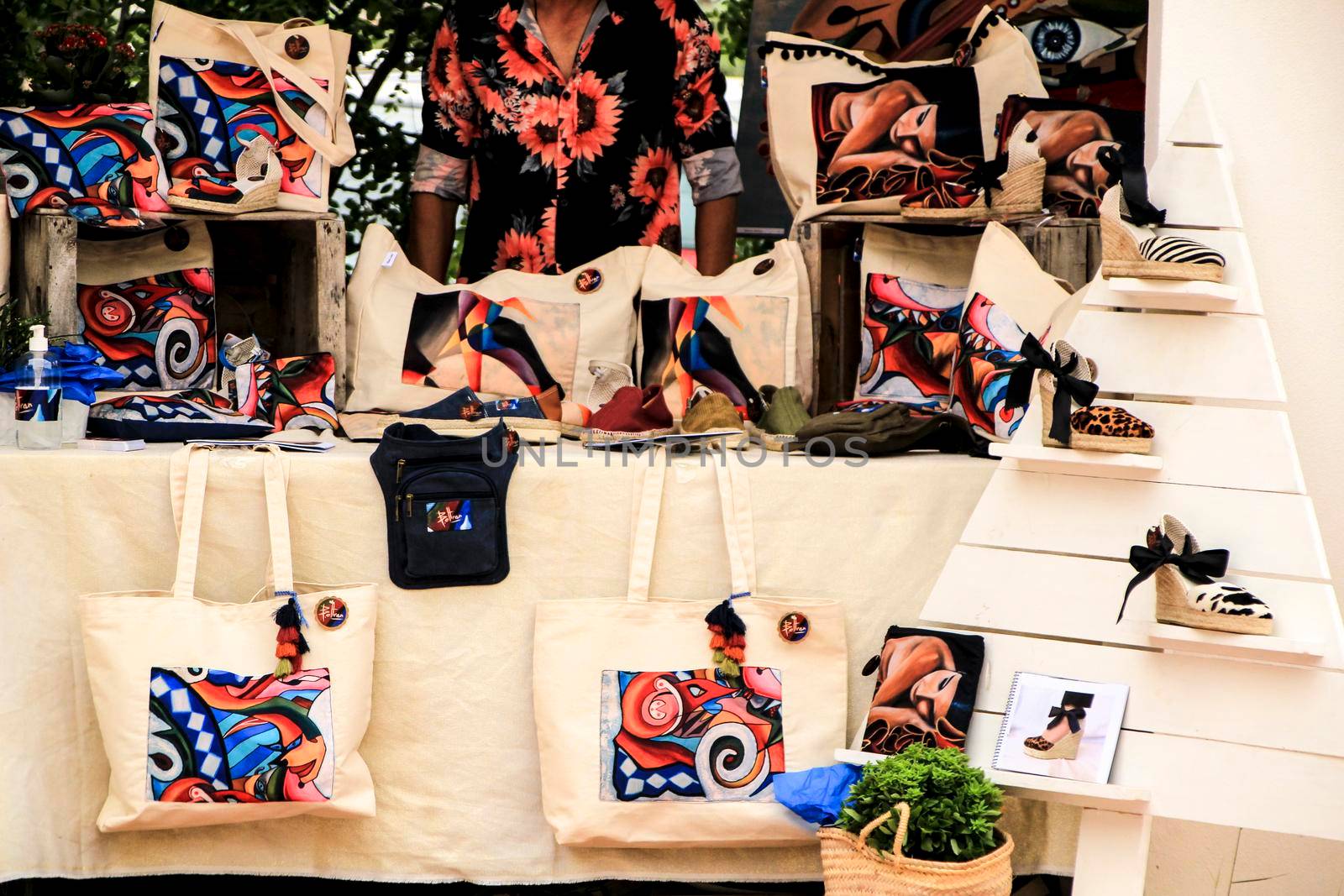 Elche, Alicante, Spain- June 20, 2021: Handicrafts products for sale at an ecological and sustainable market in Elche, Alicante, Spain