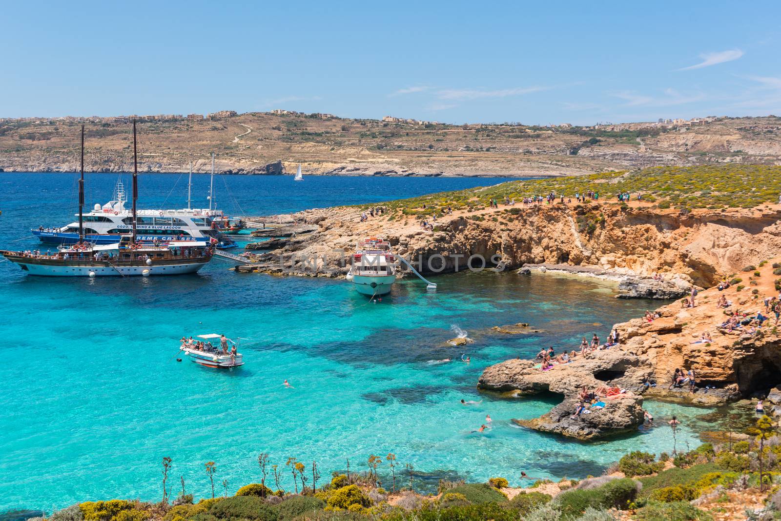 COMINO, MALTA - MAY 24, 2019 Holidays at Blue lagoon on island Comino, Malta