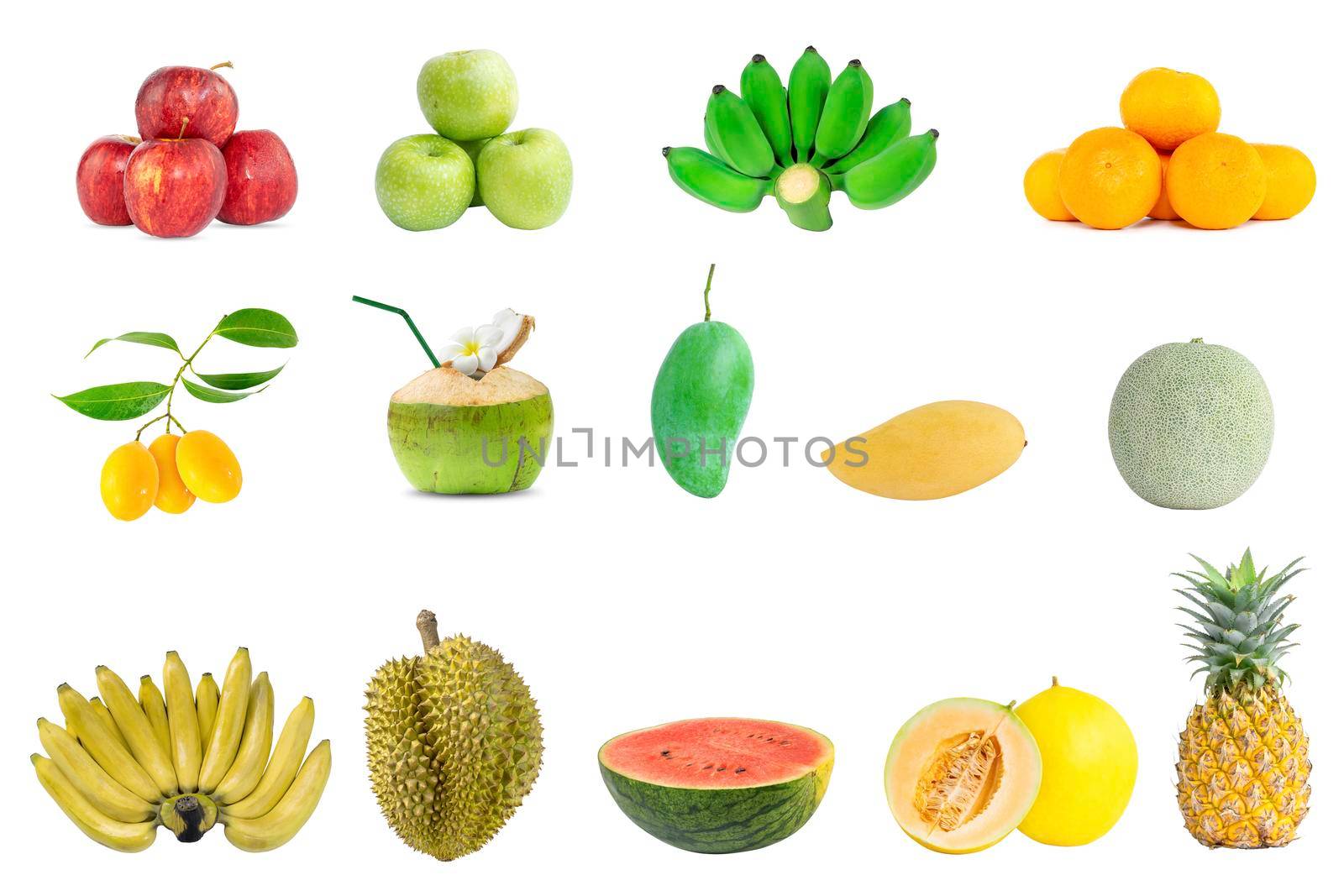 Collection group of freshness fruits isolated on white background.