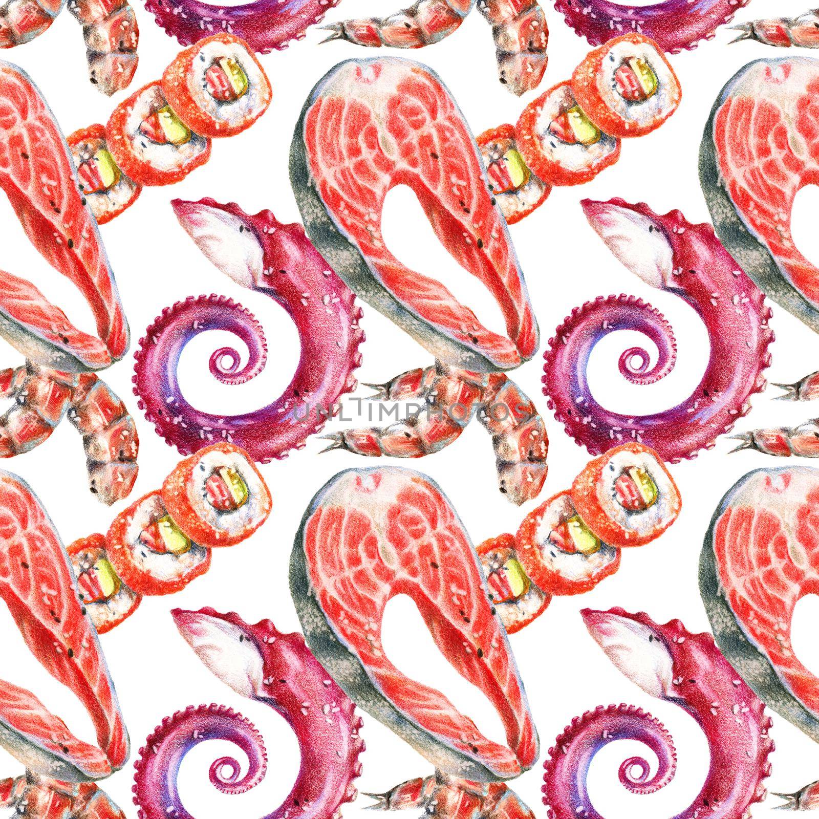 Color pencils realistic illustration of seafood - salmon steak, sushi, rolls, octopus tentacle and shrimp. Seamless pattern. Hand-drawn objects on white background.