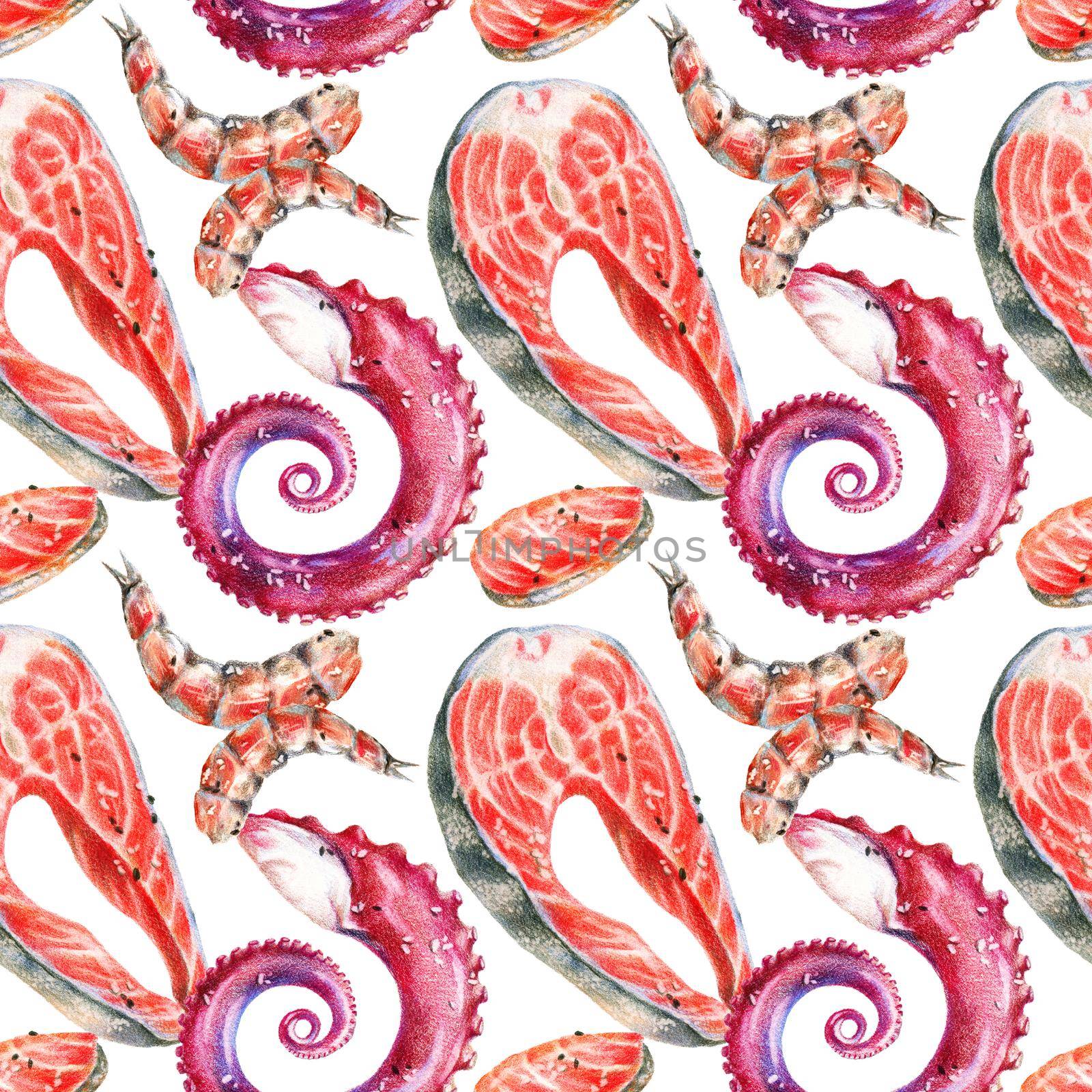 Color pencils illustration of seafood by Olatarakanova