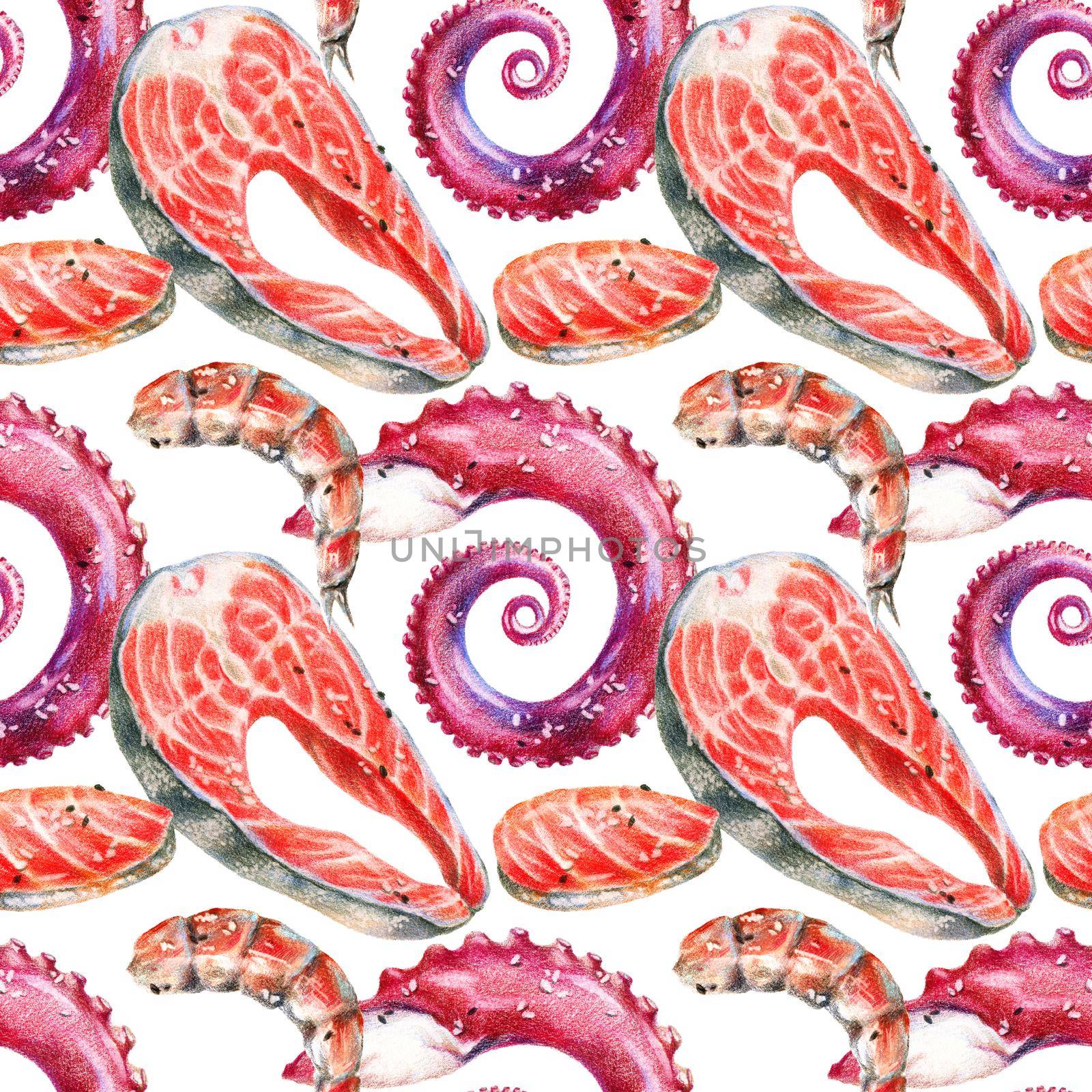 Color pencils realistic illustration of seafood - salmon steak, sushi, rolls, octopus tentacle and shrimp. Seamless pattern. Hand-drawn objects on white background.