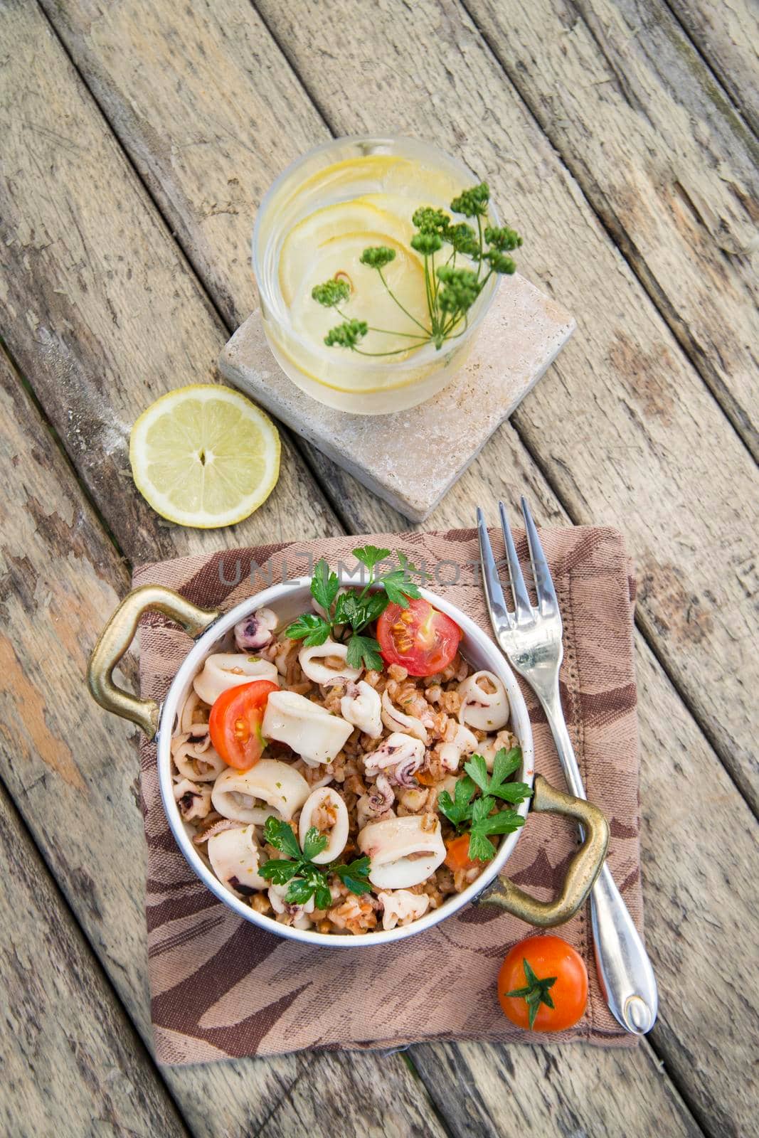 A traditional dish of Tuscany with farro and seafood