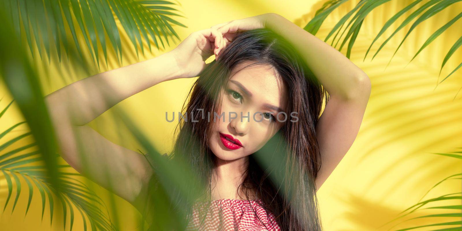Banner size. Portrait beauty sexy asian model in summer outfit on palm tree shadow background.