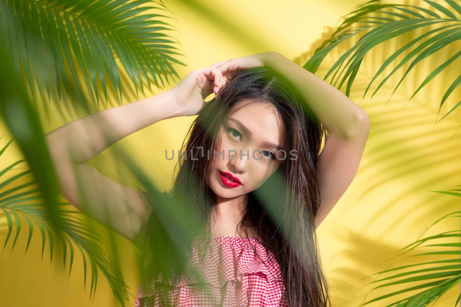 Portrait beauty sexy asian model in summer outfit on palm tree shadow background.