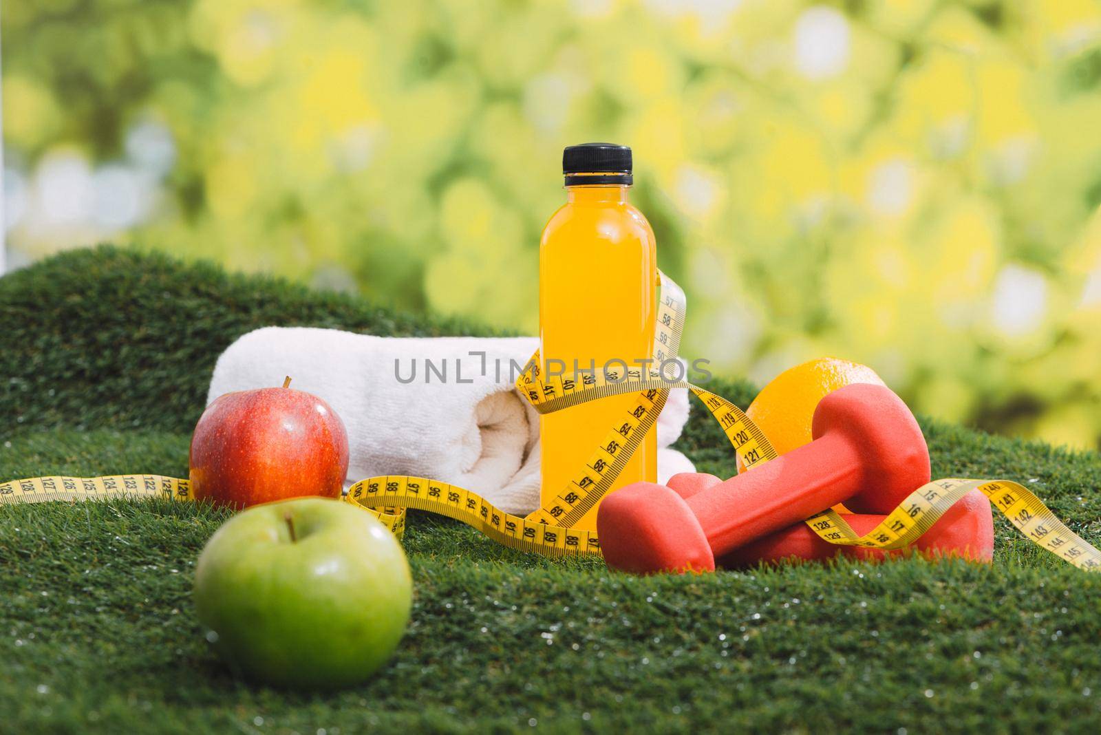 Fitness and sport equipment and health food concept.