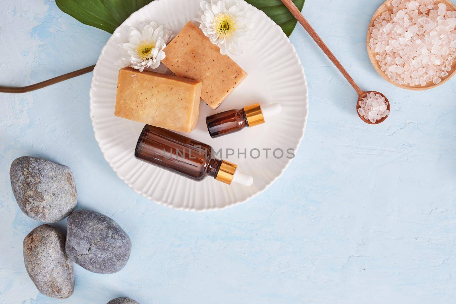Handmade soap in white background with space. Spa concept