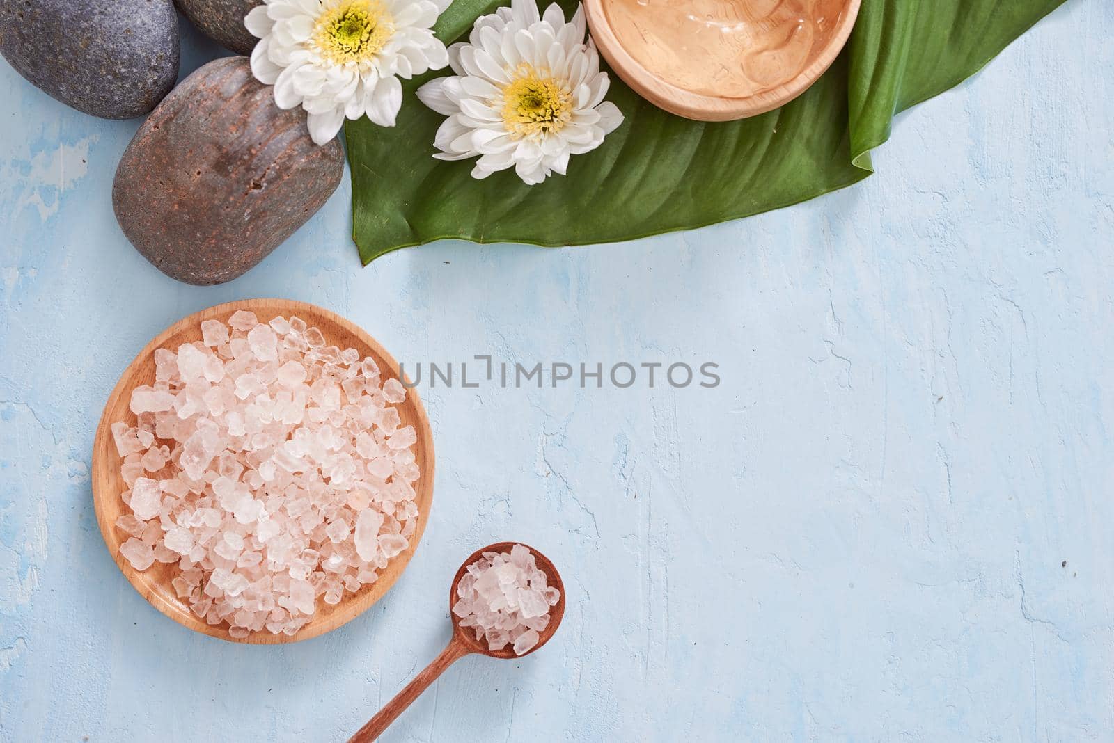 Spa setting with white flower ,oil on palm leaf by makidotvn
