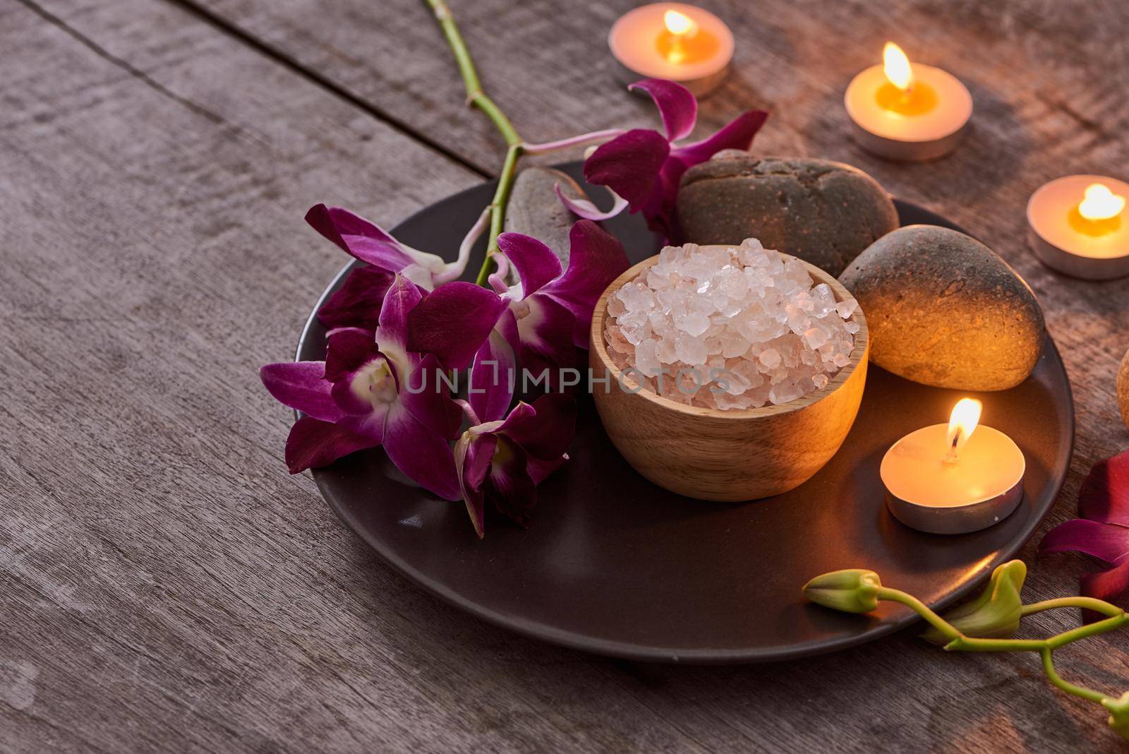  Spa setting and health care items on dark wooden background. Space for text