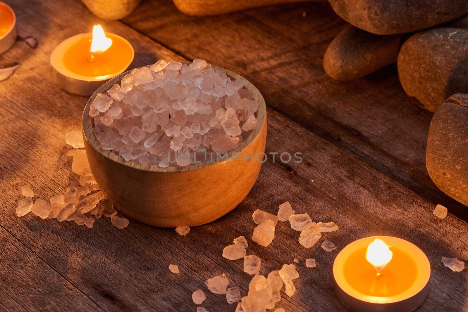  Spa setting and health care items on dark wooden background. Space for text