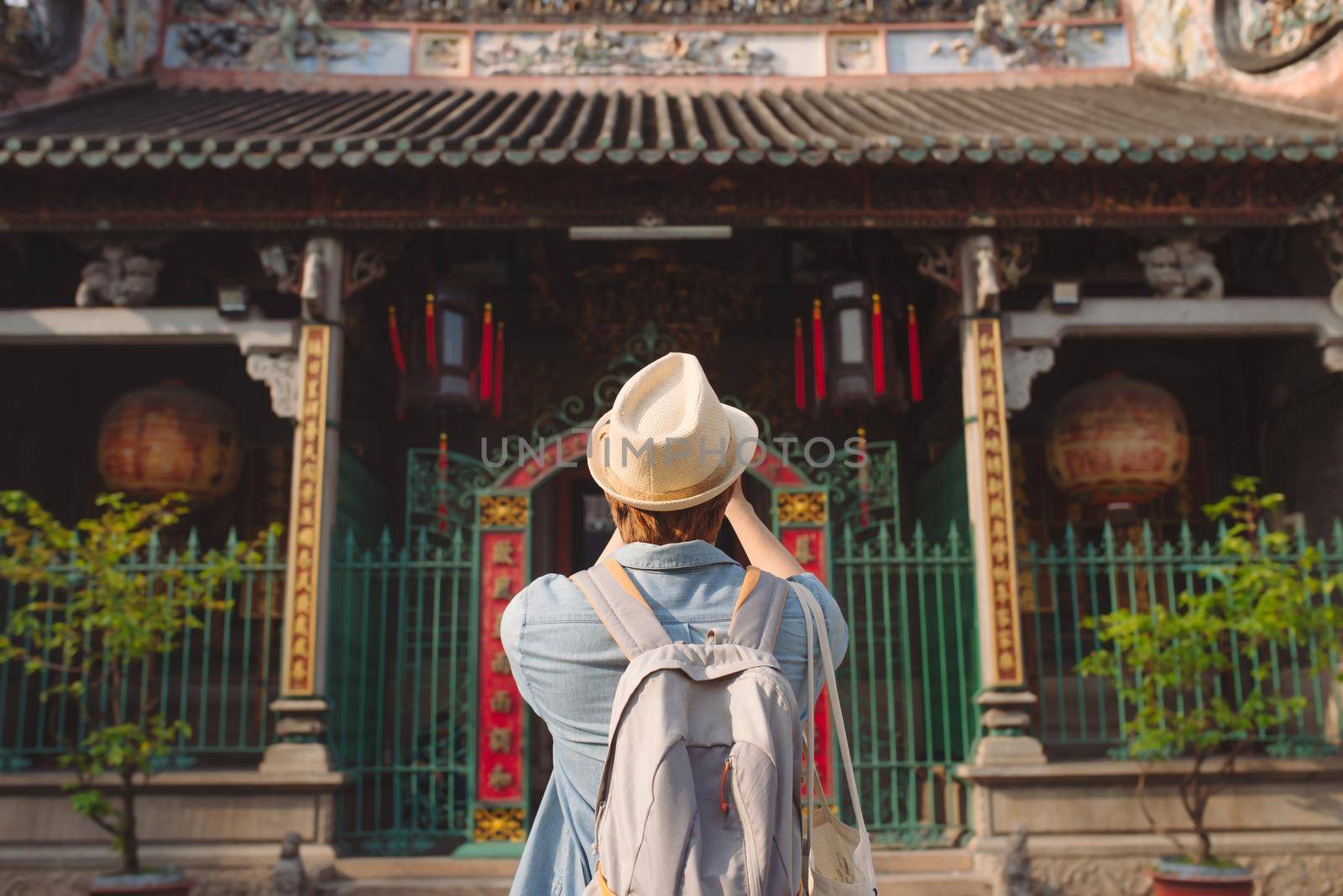 Traveler at Thien Hau Pagoda, dedicated to the Chinese sea goddess Mazu , in Cholon, the Chinatown area of Saigon