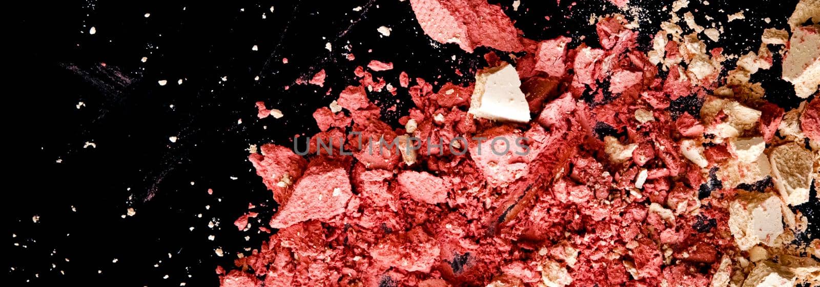 Crushed cosmetics, mineral organic eyeshadow, blush and cosmetic powder isolated on black background, makeup and beauty banner, flatlay design by Anneleven