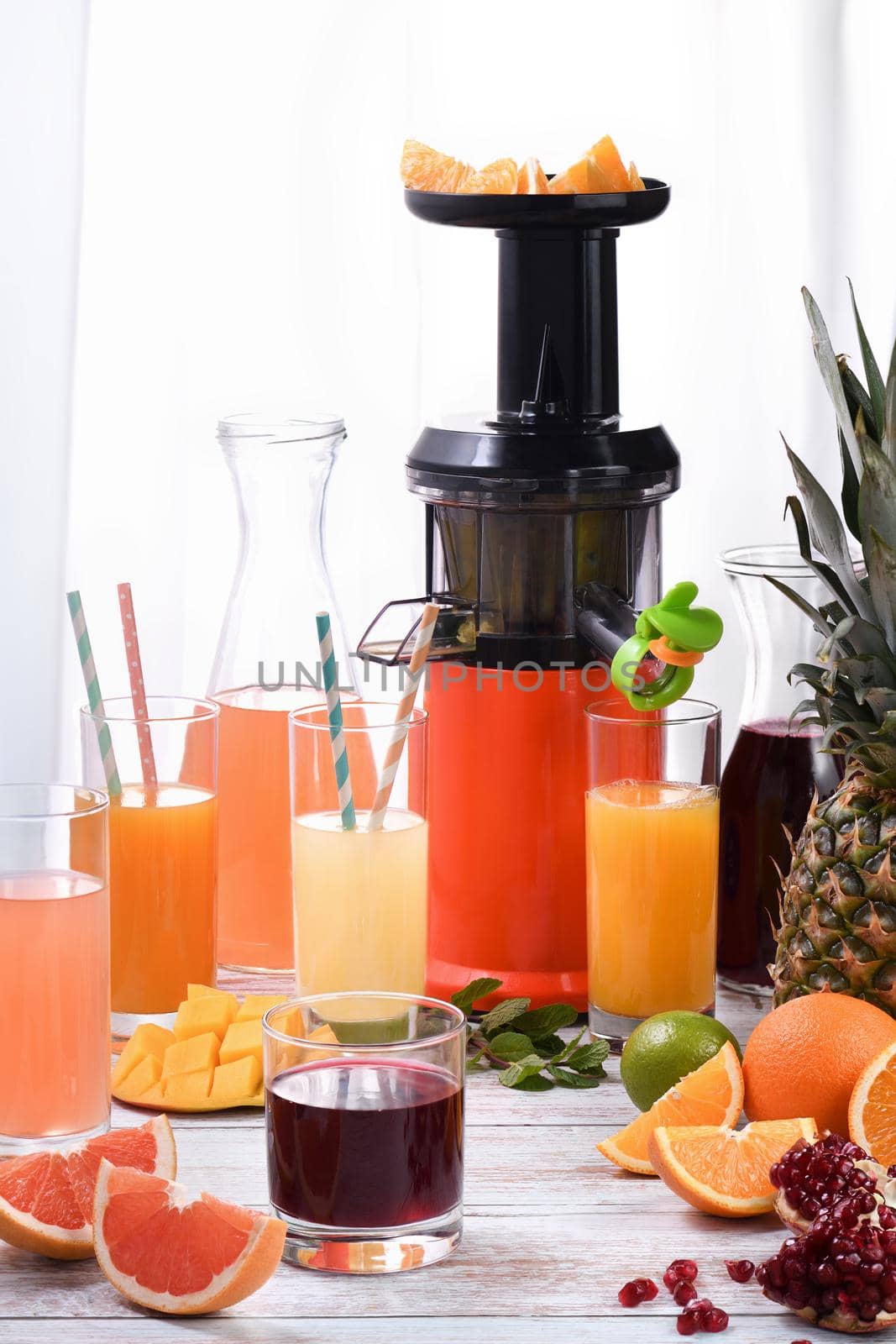 Freshly prepared citrus juices from orange, grapefruit, pomegranate, pineapple, mango.