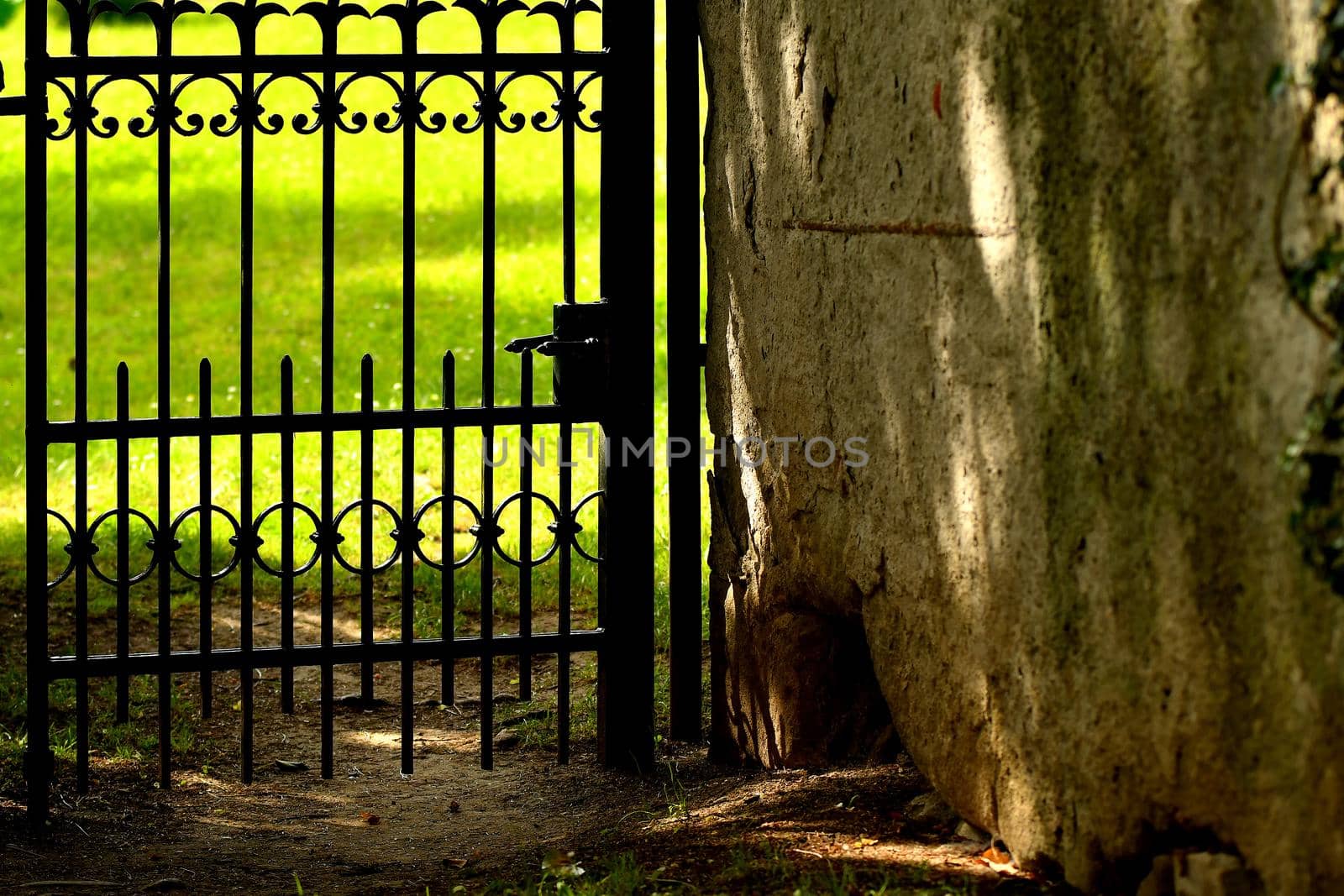 old gate in an abbey wall with shiny green background by Jochen