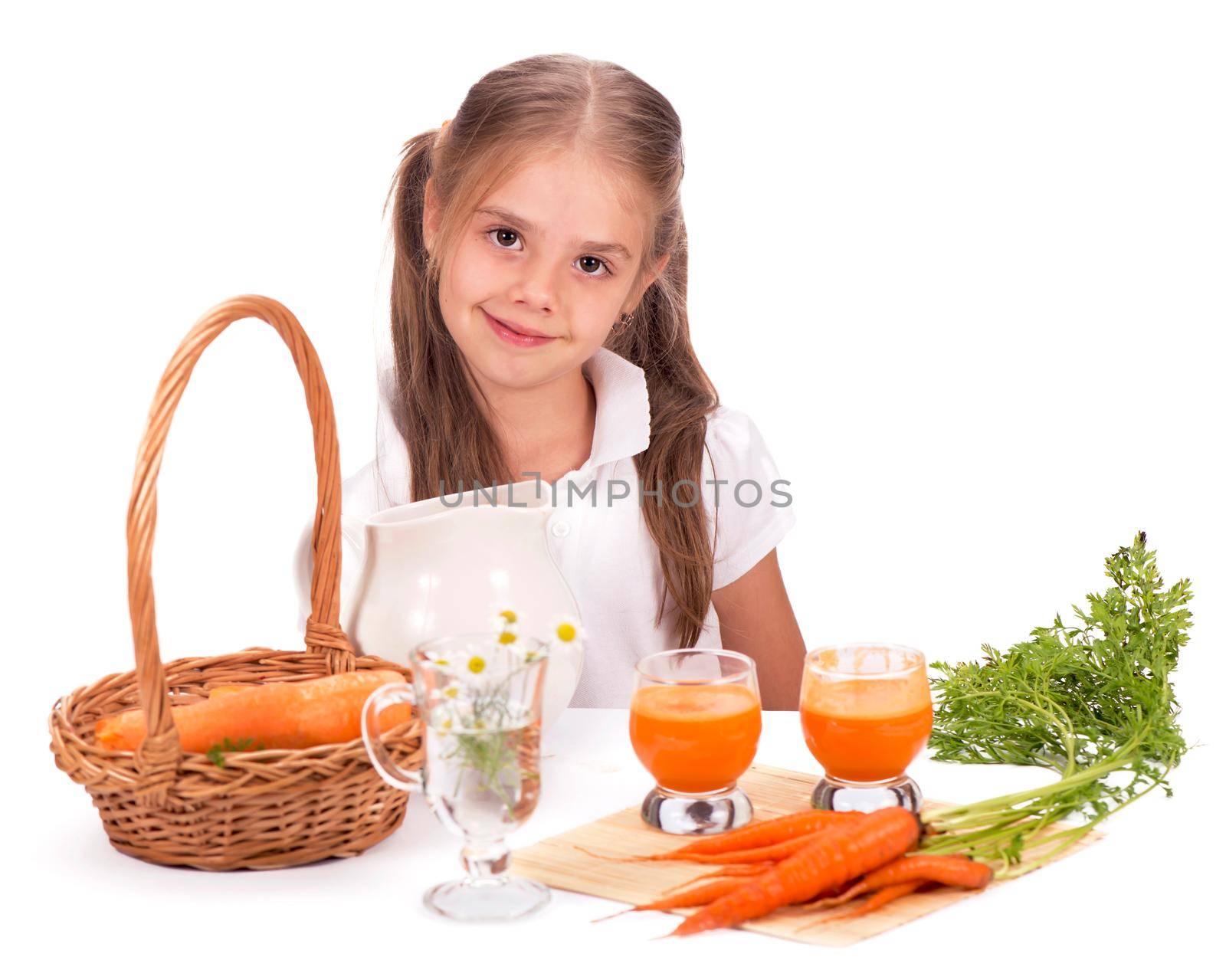 Girl and carrot juice isolated on white background by aprilphoto